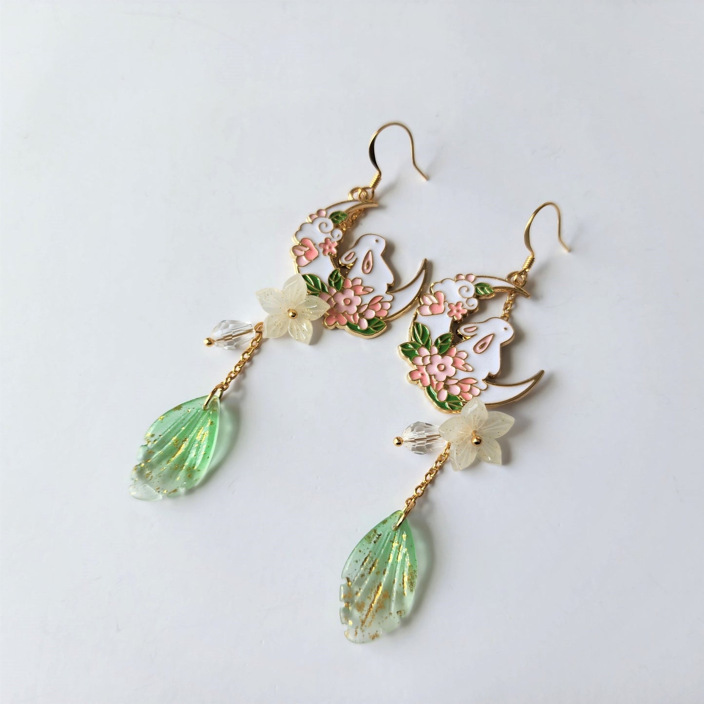 Crescent with rabbit and flowers earrings, cute bunny dangle earrings, fairytale drop earrings, gift for her