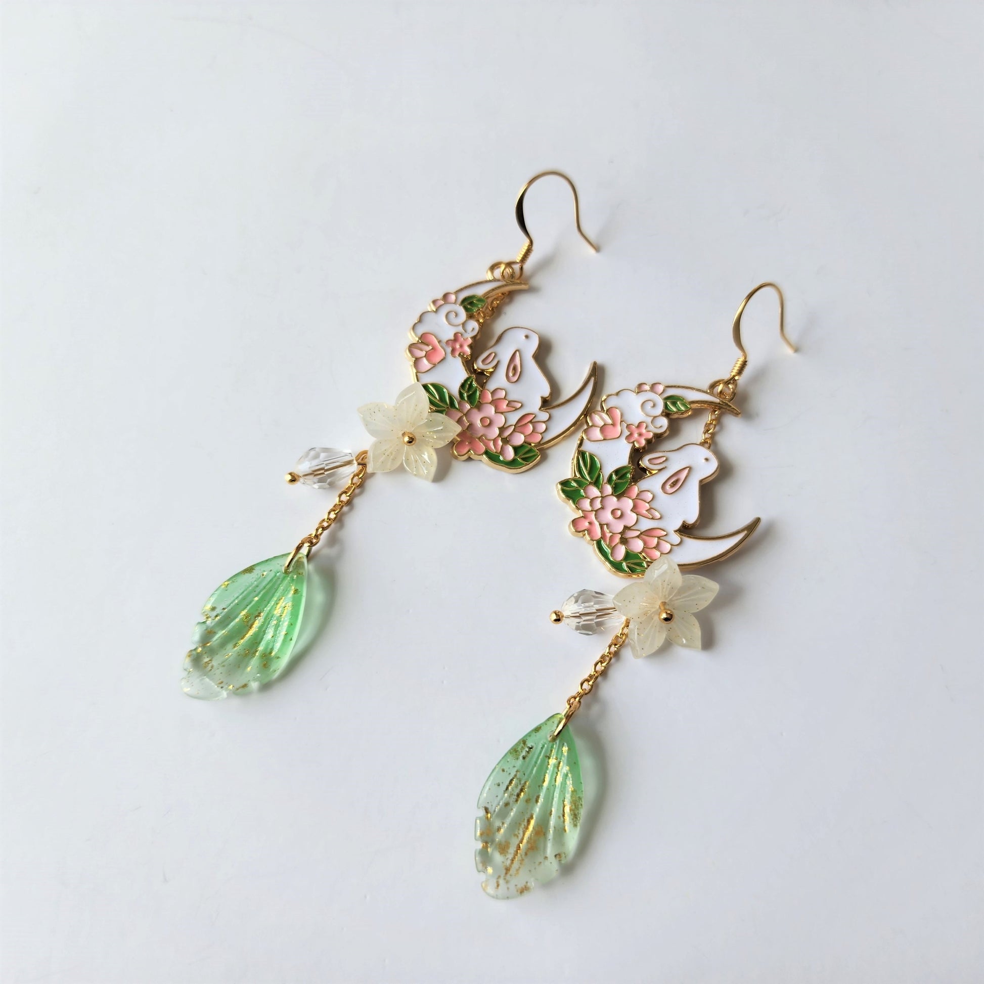 Crescent with rabbit and flowers earrings, cute bunny dangle earrings, fairytale drop earrings, gift for her