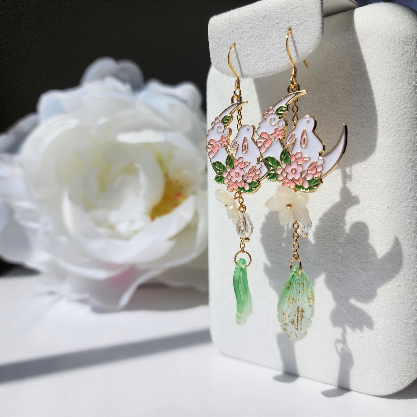 Crescent with rabbit and flowers earrings, cute bunny dangle earrings, fairytale drop earrings, gift for her