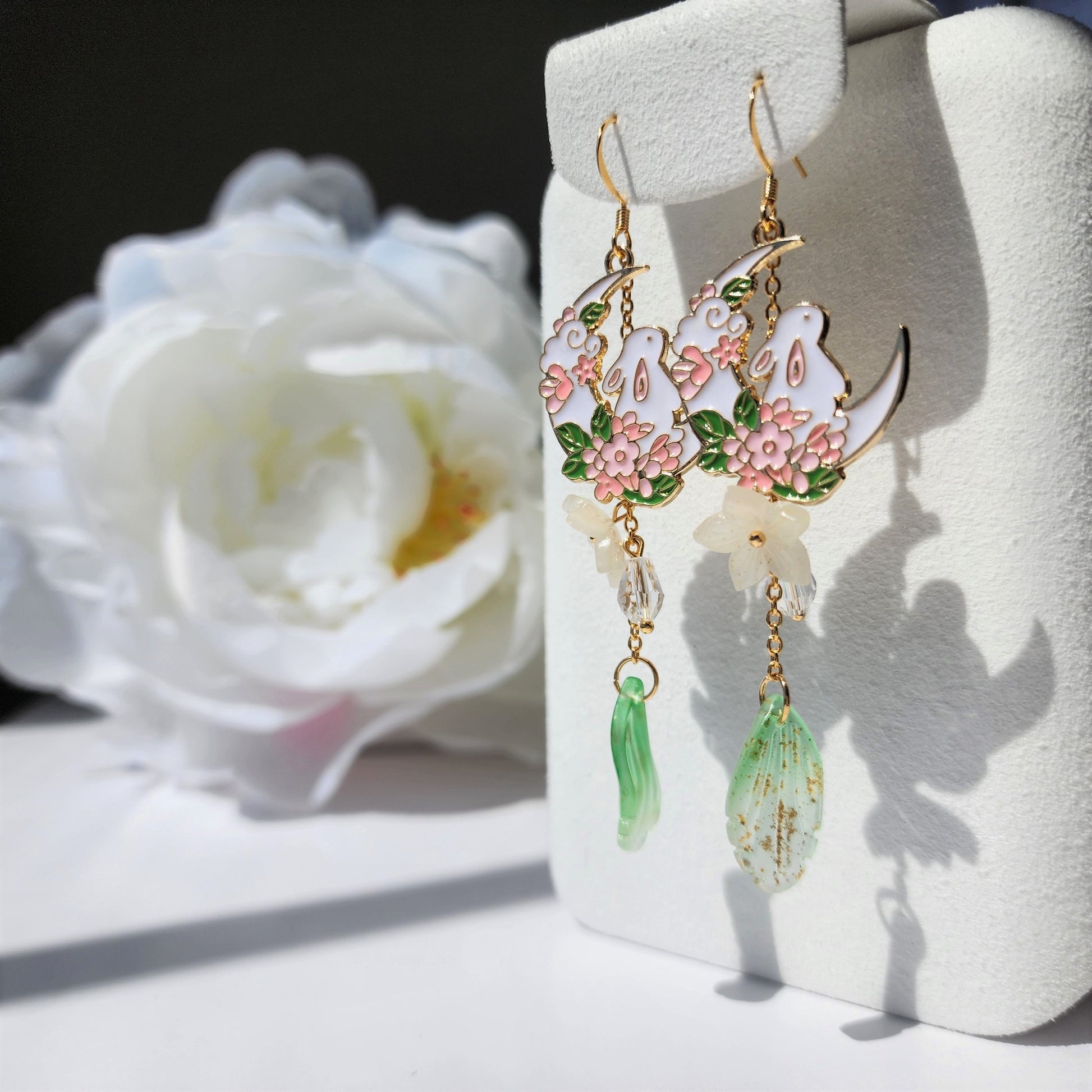 Crescent with rabbit and flowers earrings, cute bunny dangle earrings, fairytale drop earrings, gift for her