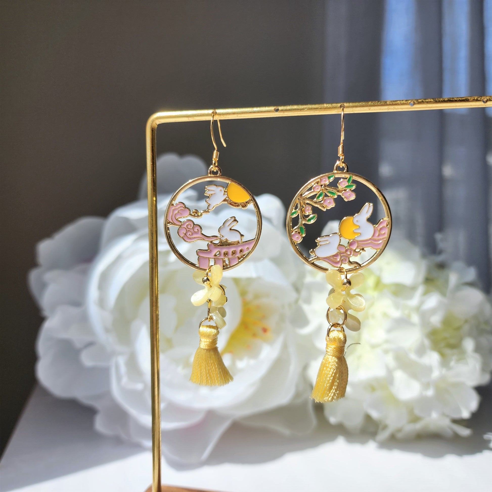 Yellow Osmanthus earrings, Japanese osmanthus blossom with rabbit bunny earrings, animal and floral earrings, gift for her