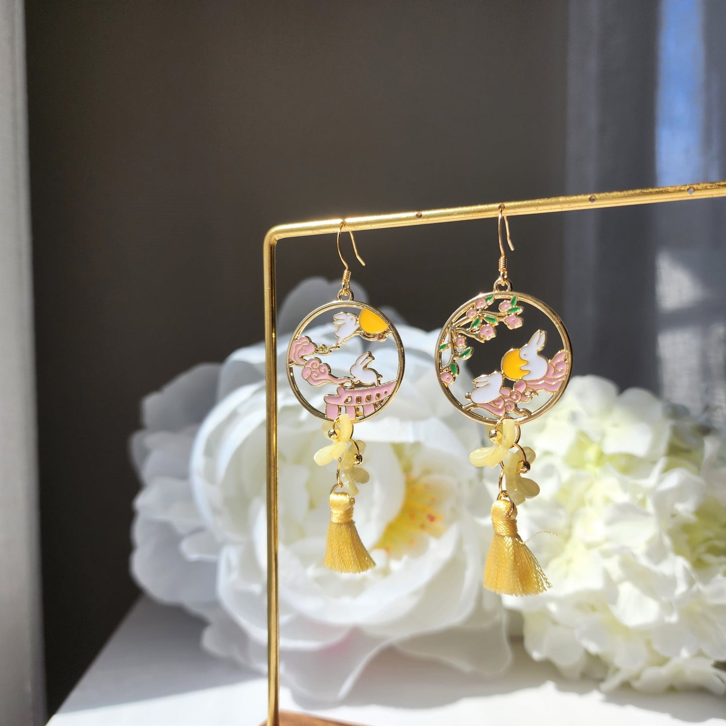 Yellow Osmanthus earrings, Japanese osmanthus blossom with rabbit bunny earrings, animal and floral earrings, gift for her