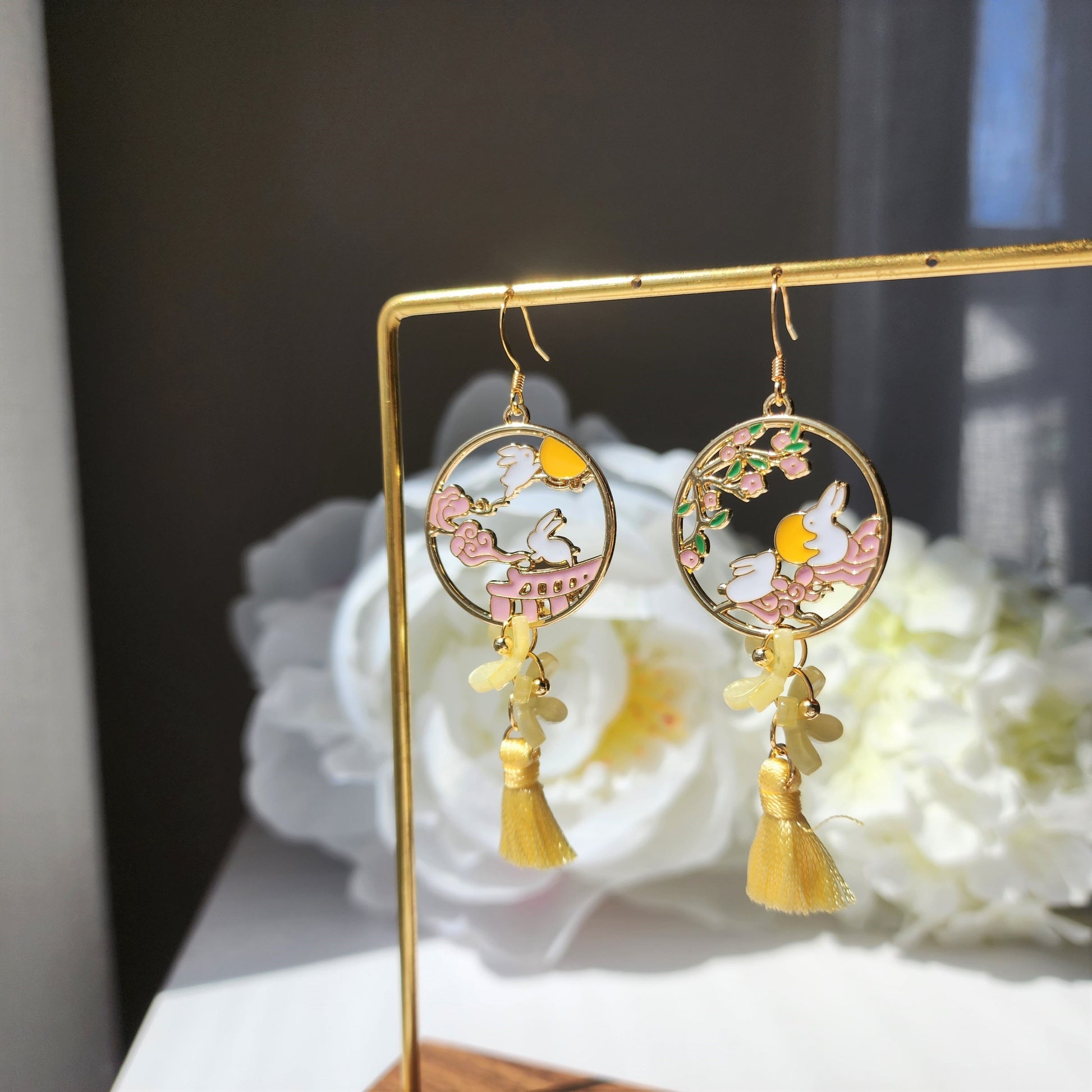 Yellow Osmanthus earrings, Japanese osmanthus blossom with rabbit bunny earrings, animal and floral earrings, gift for her