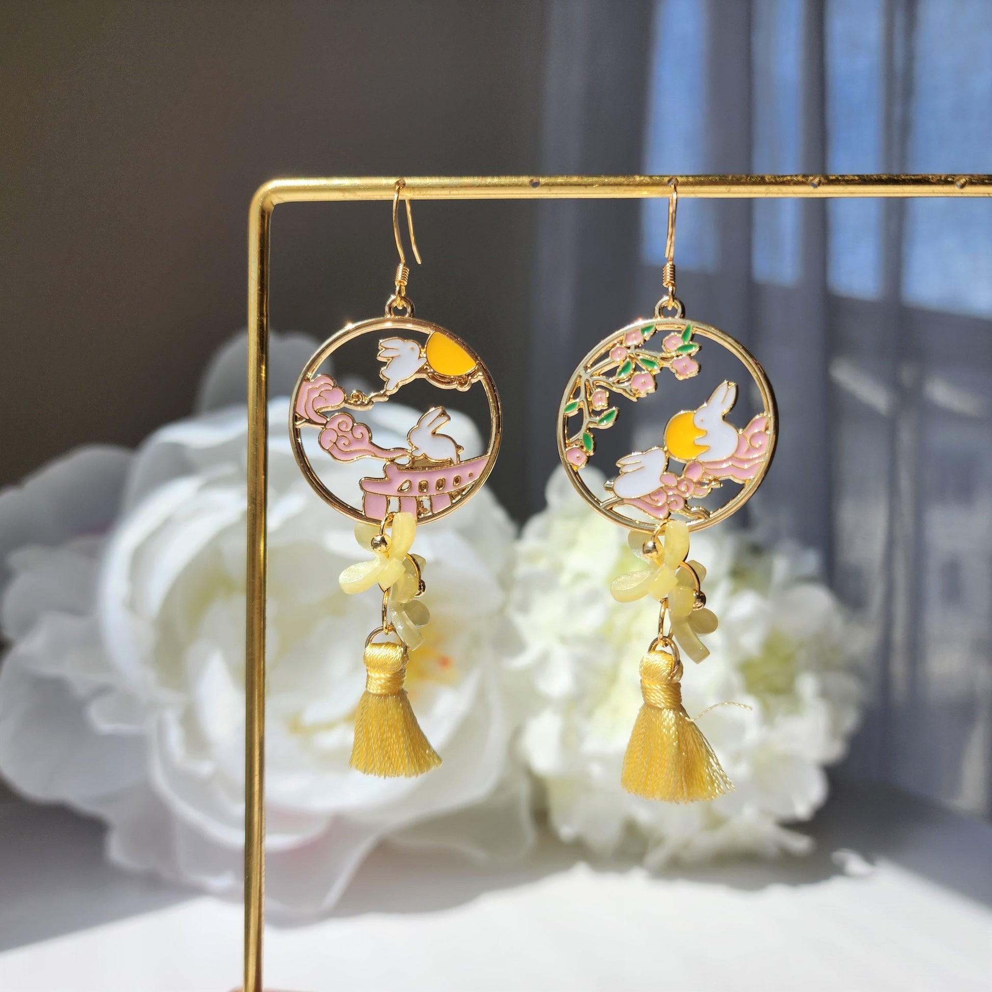 Yellow Osmanthus earrings, Japanese osmanthus blossom with rabbit bunny earrings, animal and floral earrings, gift for her