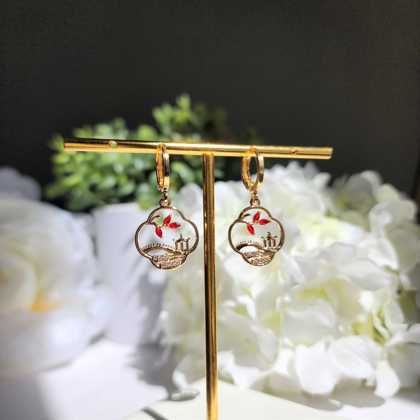 Chinese garden view huggie hoops, Asian ancient landscape dangle earrings, Hoop earrings, gift for her