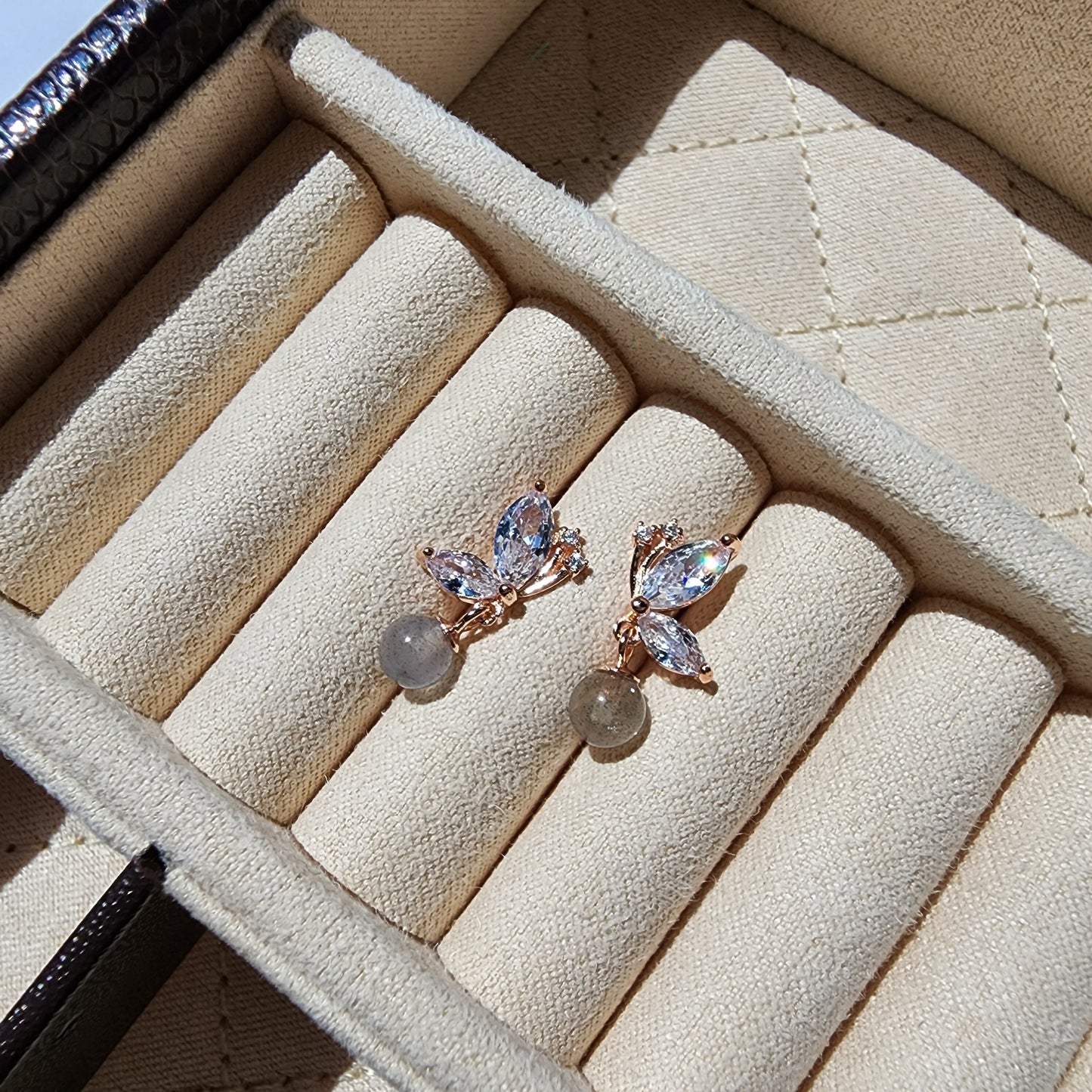 Moon stone butterfly earrings, Rose gold vermeil earrings, 925s silver earrings, gift for her