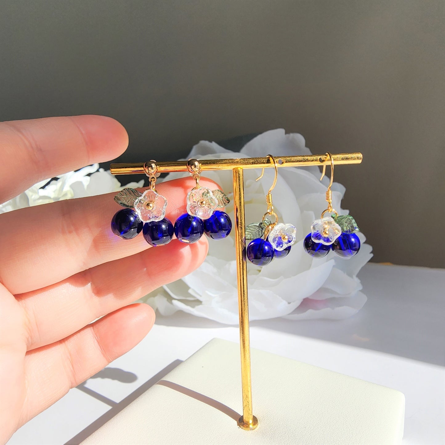 Blueberry cluster dangle earrings, Glass berries currants earrings, Fruit earrings, Food earrings