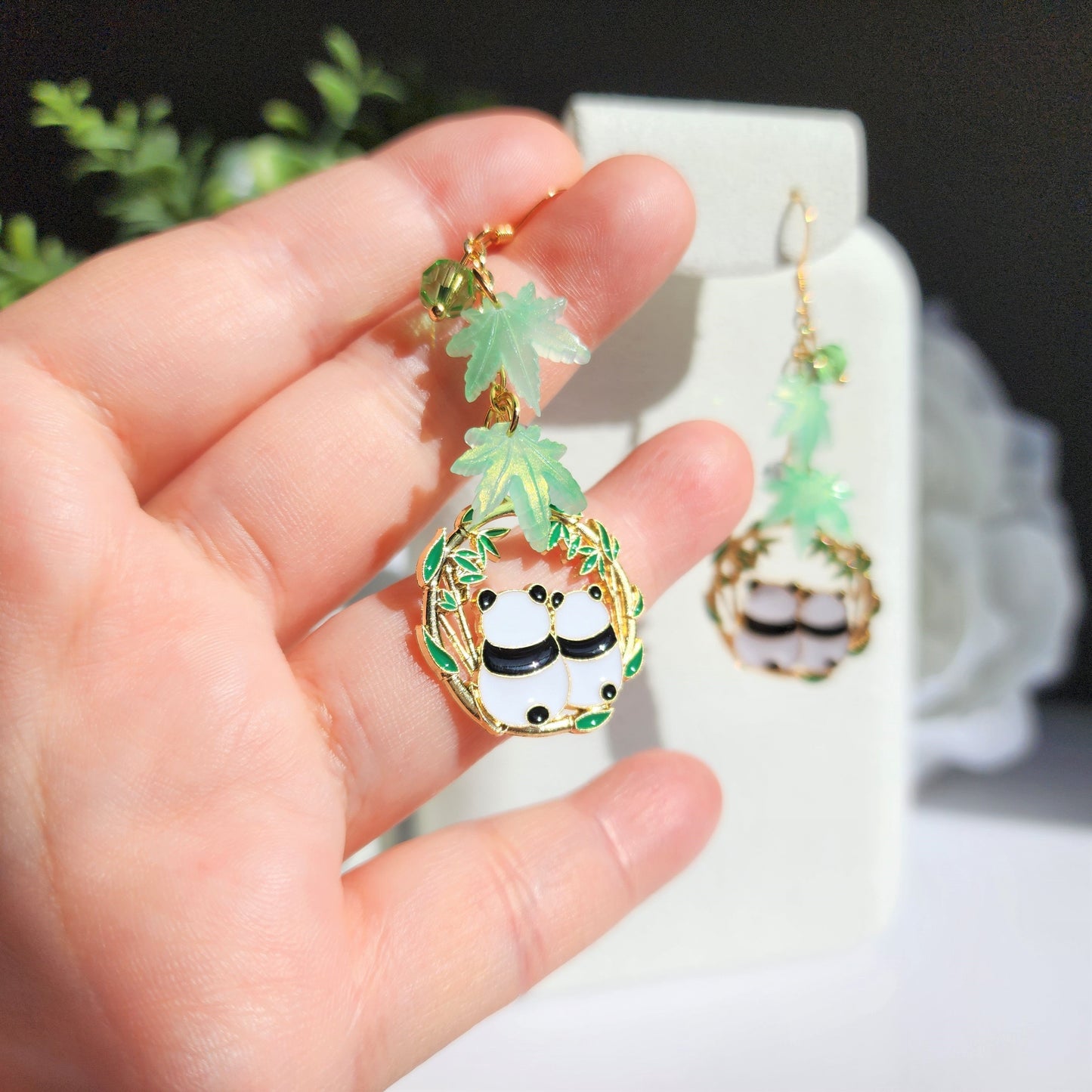 Panda resting under bamboo leaves earrings, panda dangle earrings, animal dangle earrings, gift for her