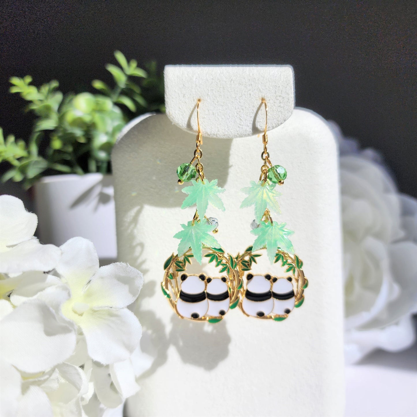 Panda resting under bamboo leaves earrings, panda dangle earrings, animal dangle earrings, gift for her