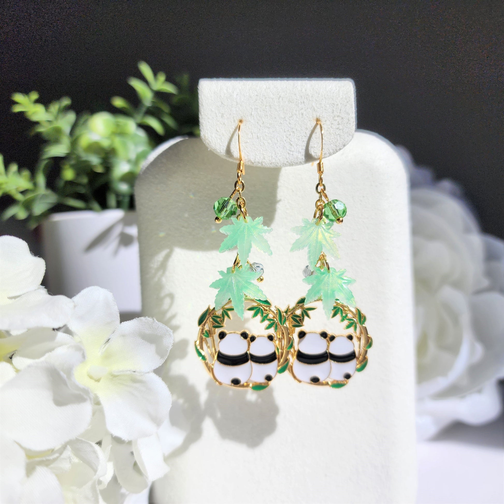 Panda resting under bamboo leaves earrings, panda dangle earrings, animal dangle earrings, gift for her