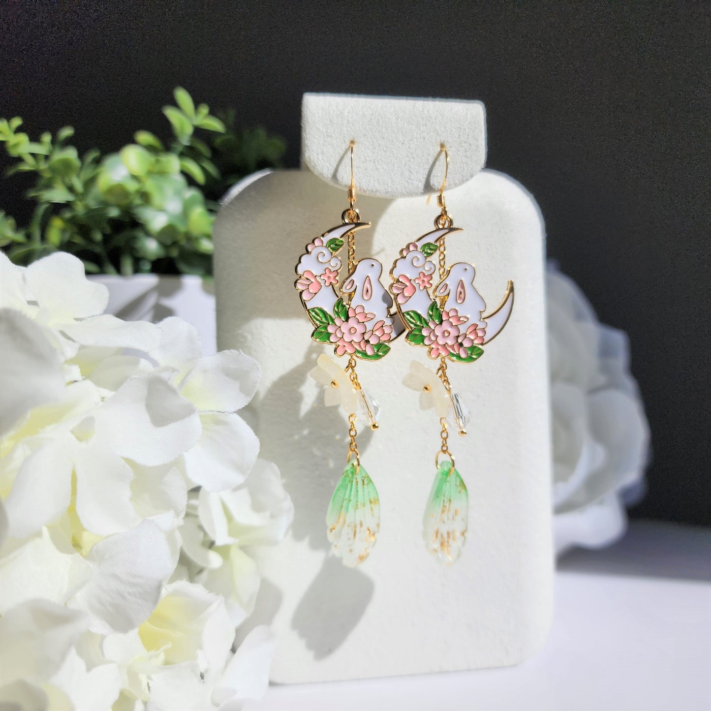 Crescent with rabbit and flowers earrings, cute bunny dangle earrings, fairytale drop earrings, gift for her