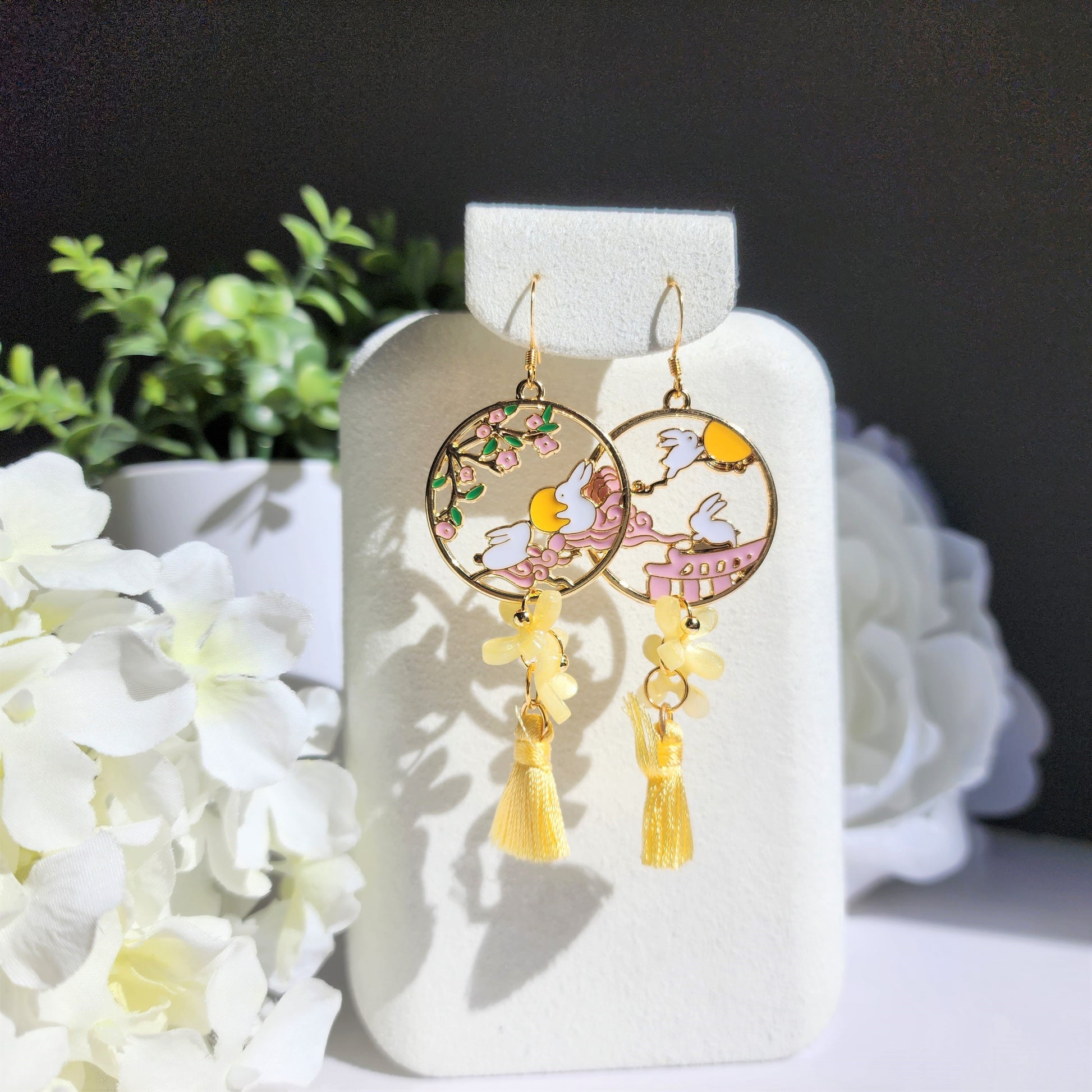 Yellow Osmanthus earrings, Japanese osmanthus blossom with rabbit bunny earrings, animal and floral earrings, gift for her