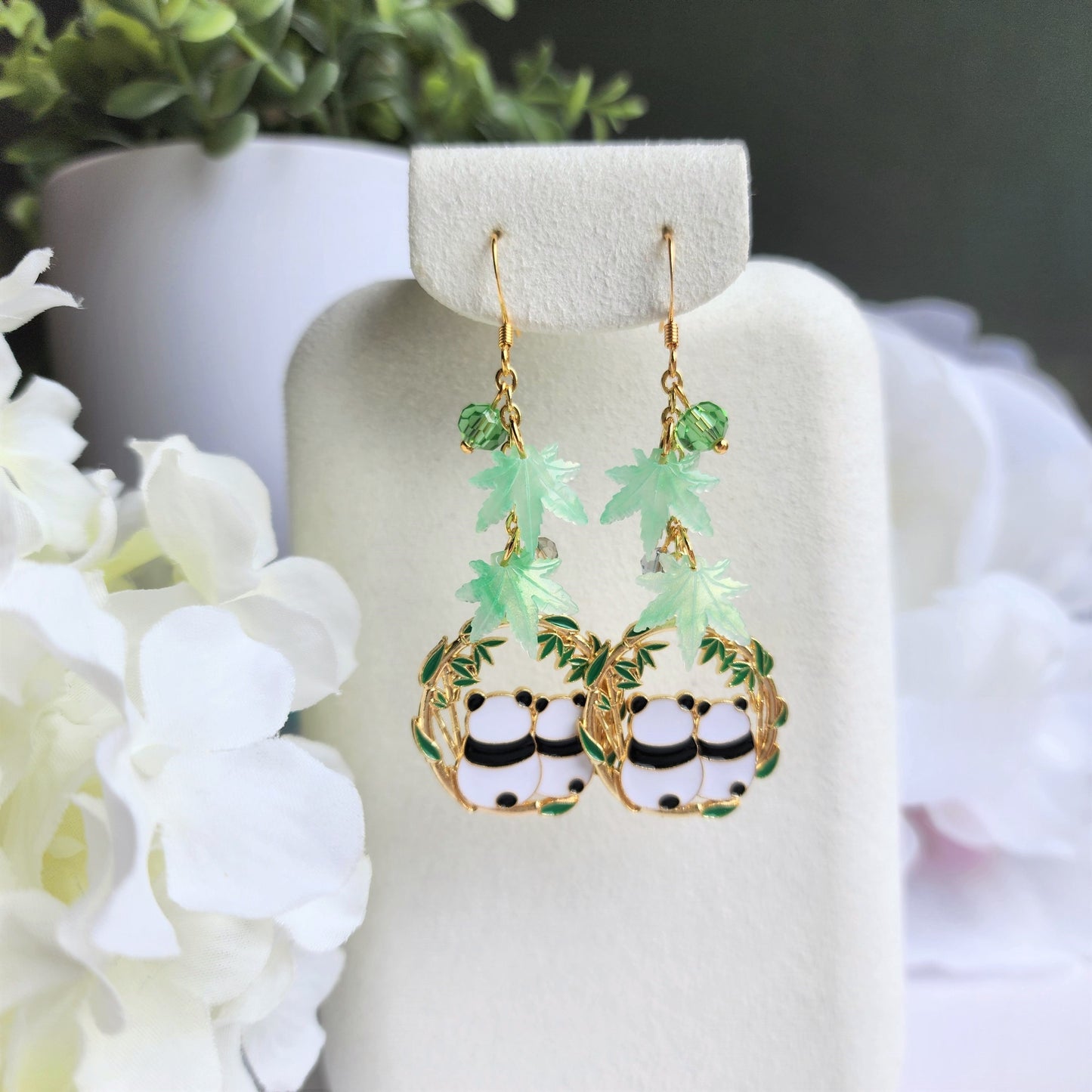 Panda resting under bamboo leaves earrings, panda dangle earrings, animal dangle earrings, gift for her