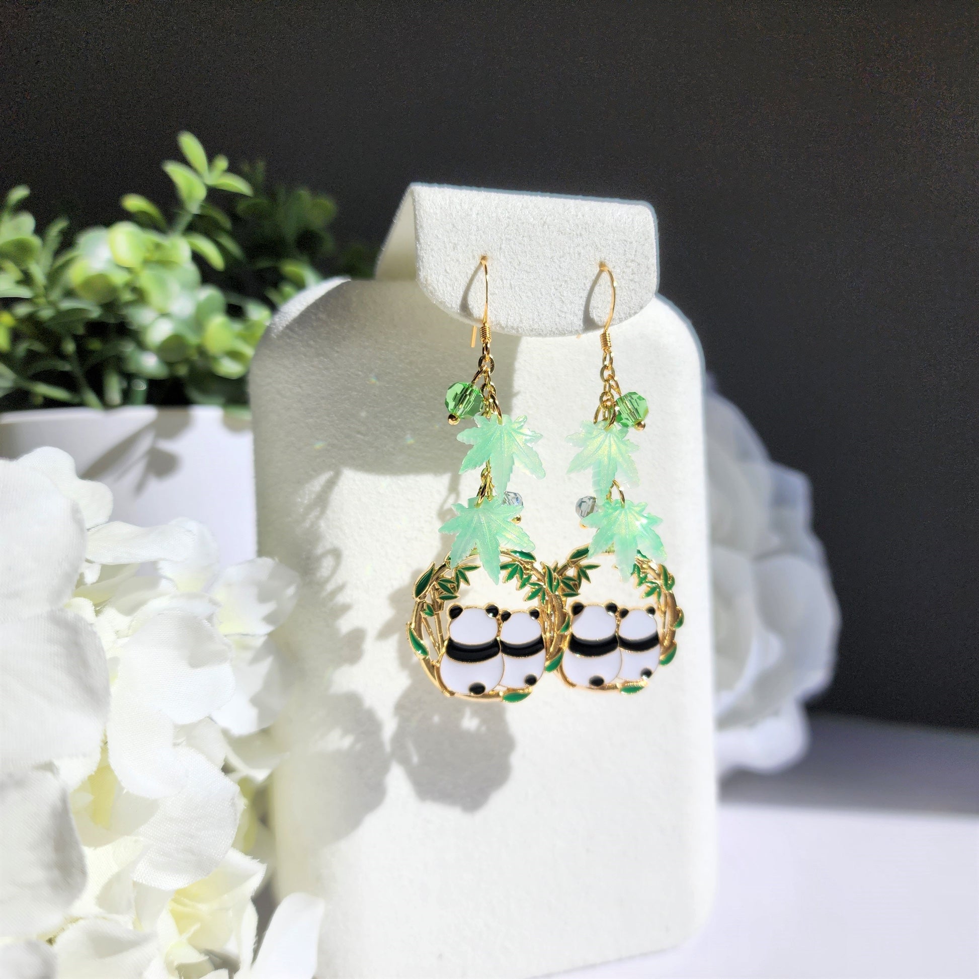 Panda resting under bamboo leaves earrings, panda dangle earrings, animal dangle earrings, gift for her