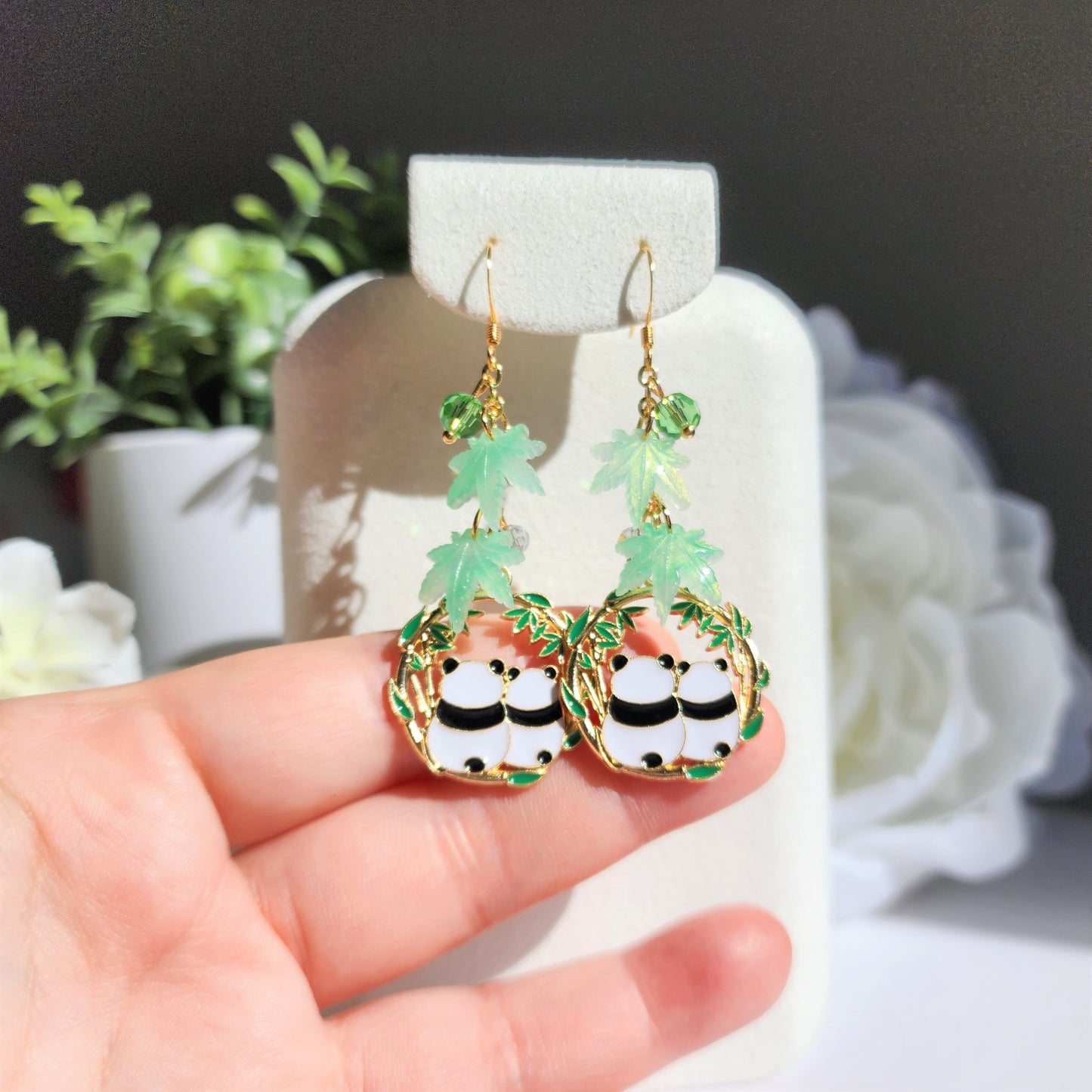 Panda resting under bamboo leaves earrings, panda dangle earrings, animal dangle earrings, gift for her