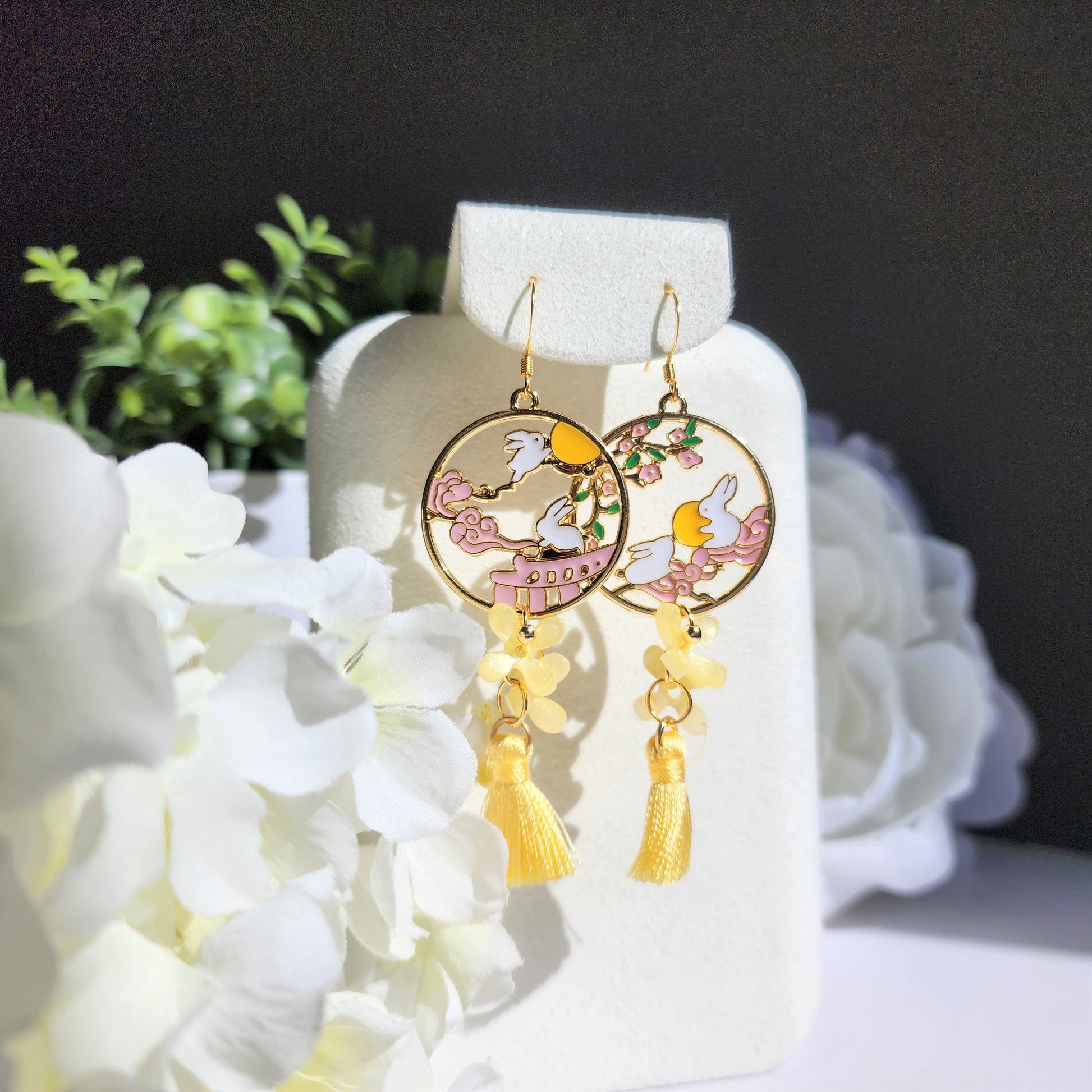 Yellow Osmanthus earrings, Japanese osmanthus blossom with rabbit bunny earrings, animal and floral earrings, gift for her