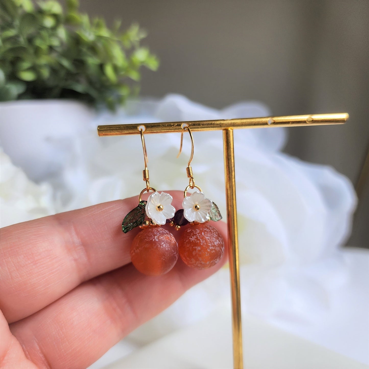 Old orange dangle earrings, natural Agate orange earrings, Fruit earrings, Gift for her