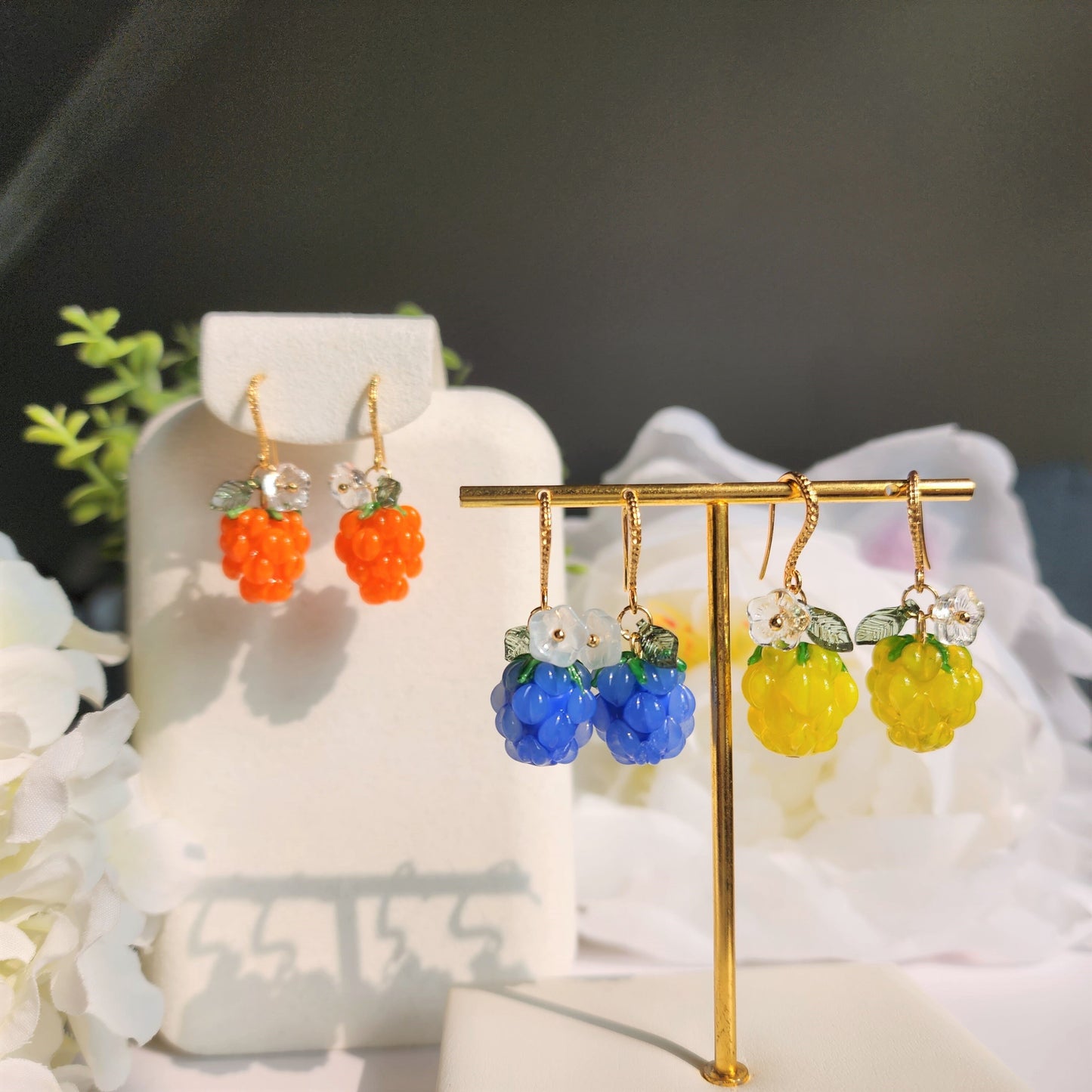Cloud berry with flowers earrings, cute glass cloud berry dangle earrings, fruit earrings, food earrings, gift for her