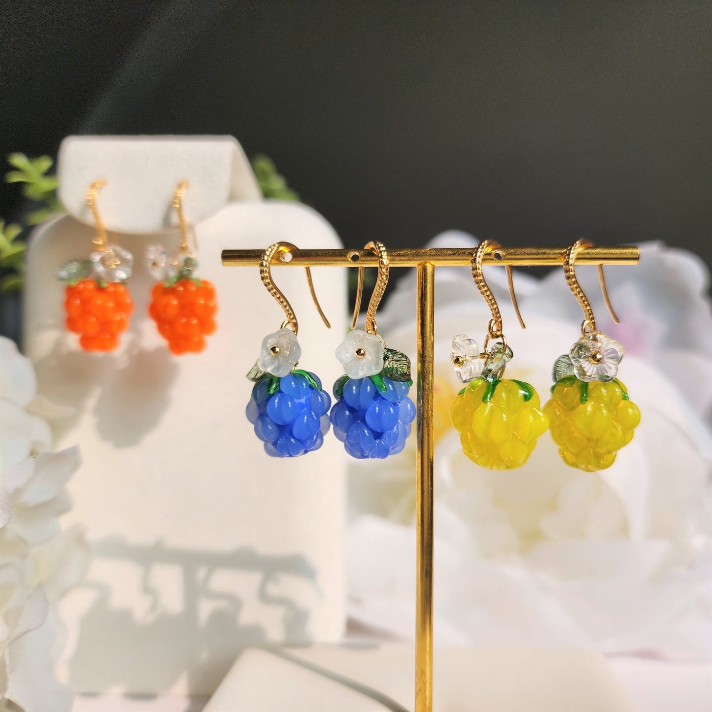 Cloud berry with flowers earrings, cute glass cloud berry dangle earrings, fruit earrings, food earrings, gift for her