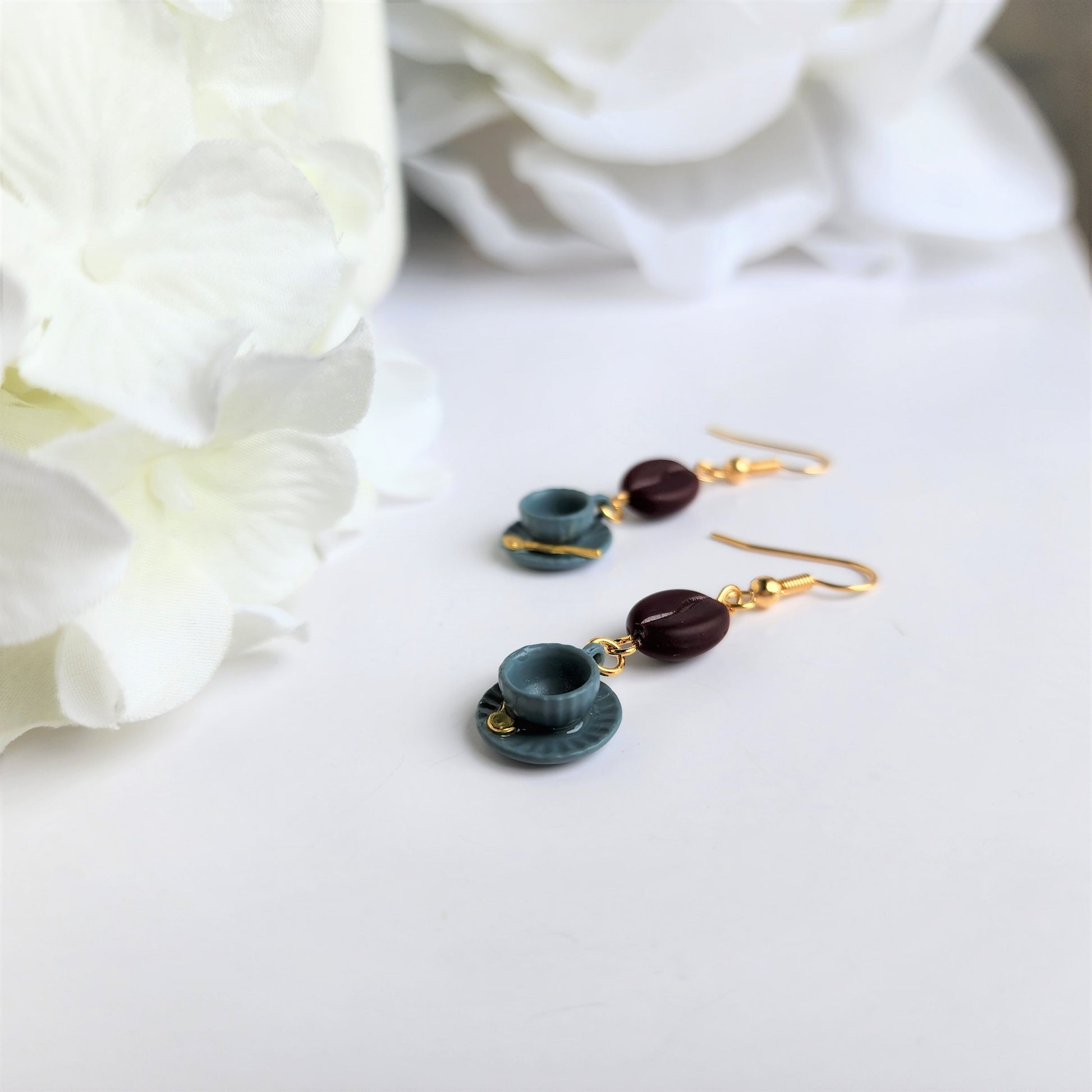 Ceramic coffee cup with saucer earrings, Coffee beans dangle earrings, gift for her