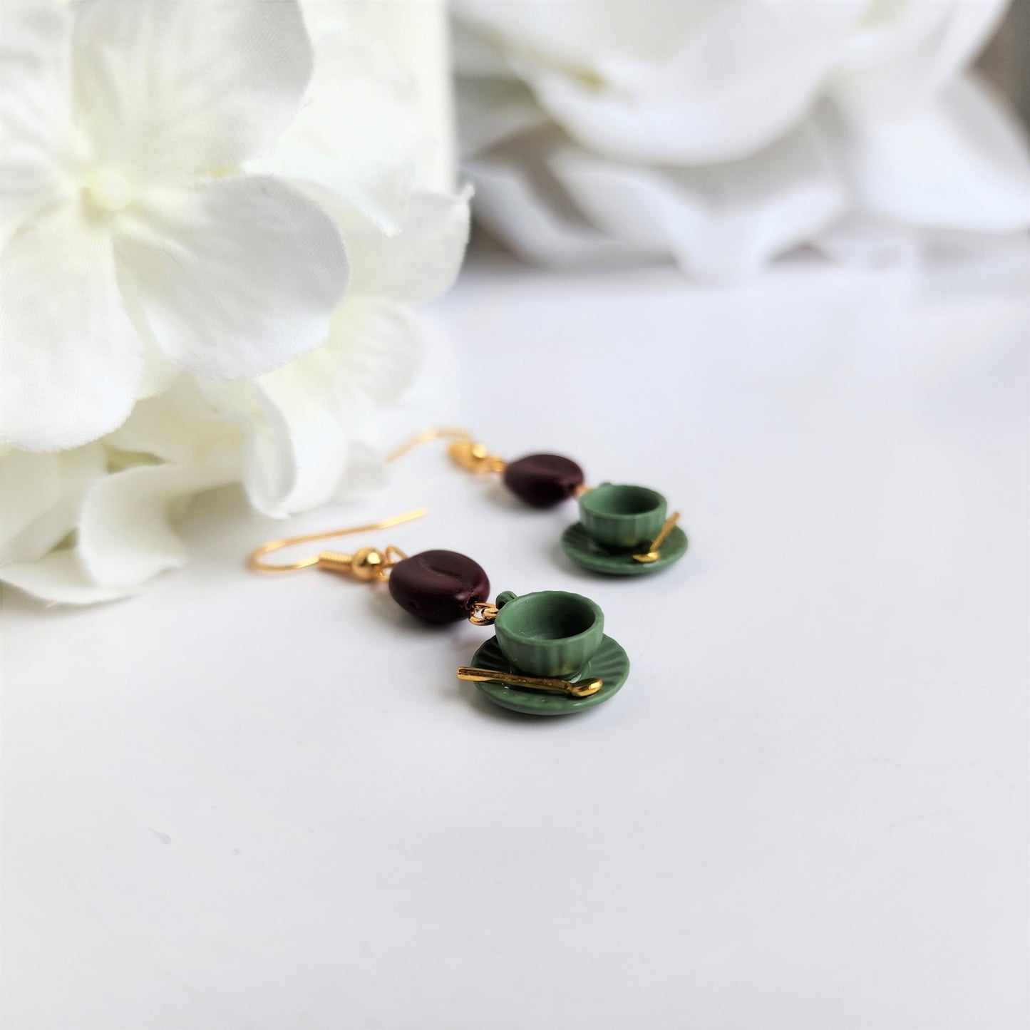 Ceramic coffee cup with saucer earrings, Coffee beans dangle earrings, gift for her