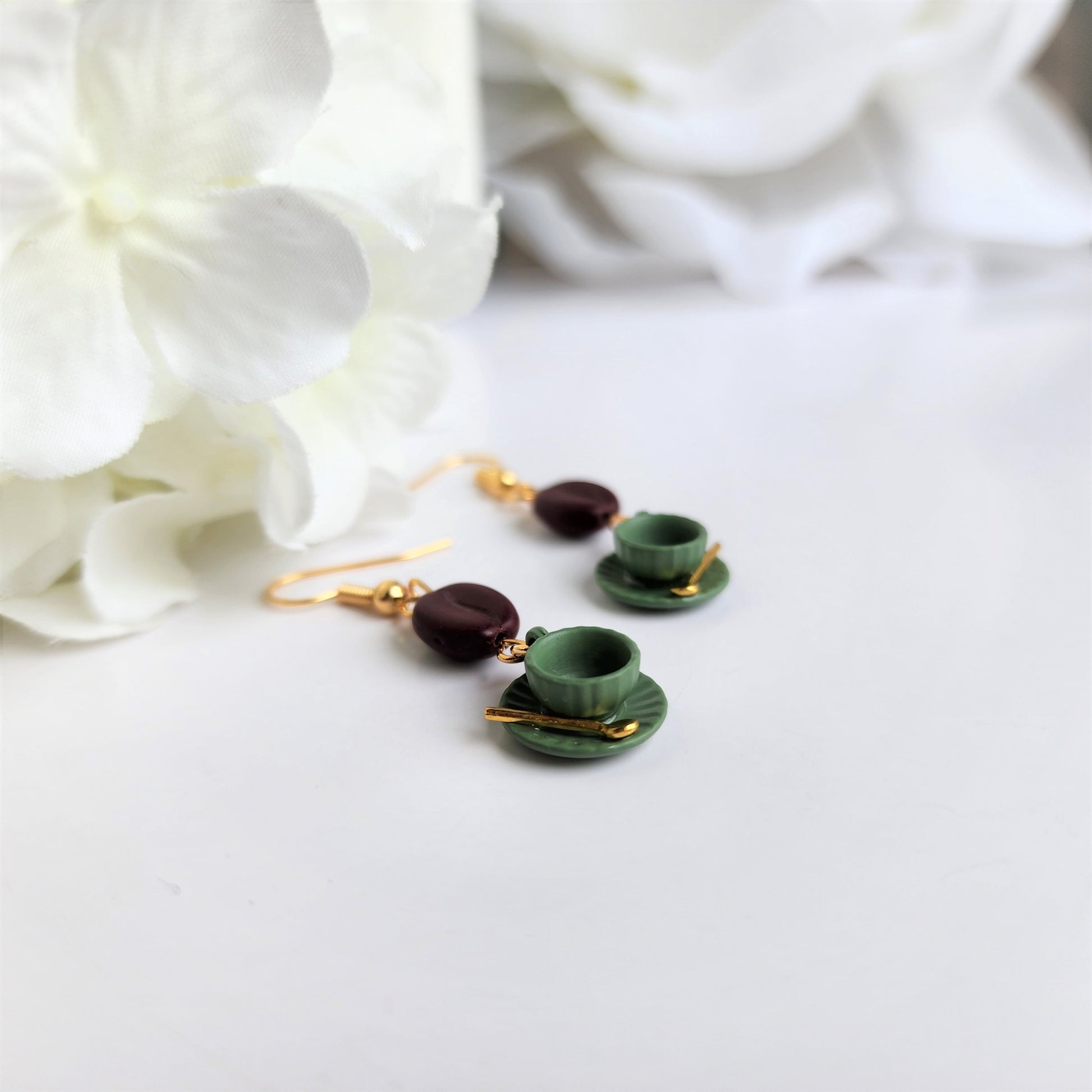 Ceramic coffee cup with saucer earrings, Coffee beans dangle earrings, gift for her
