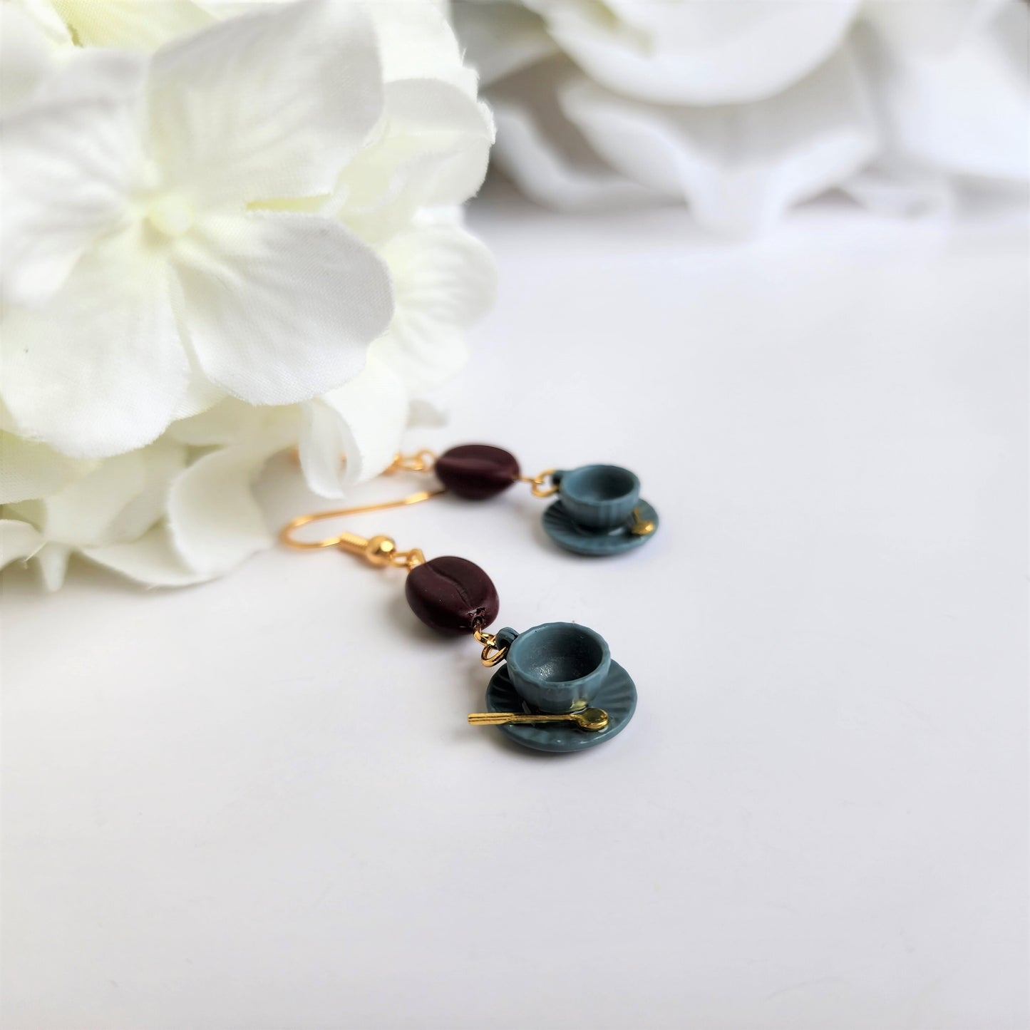 Ceramic coffee cup with saucer earrings, Coffee beans dangle earrings, gift for her