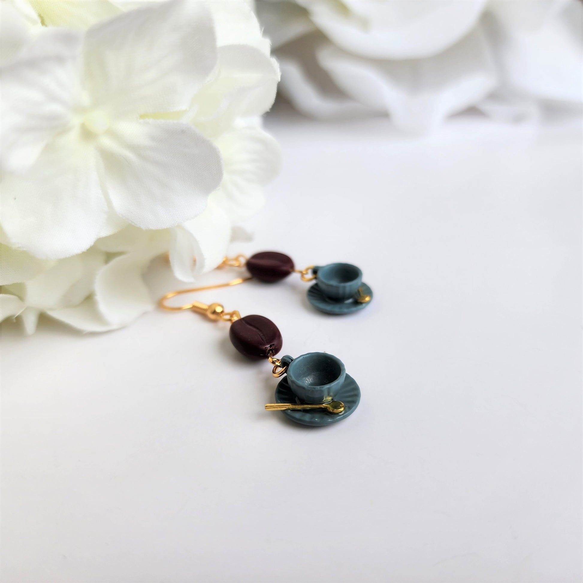Ceramic coffee cup with saucer earrings, Coffee beans dangle earrings, gift for her