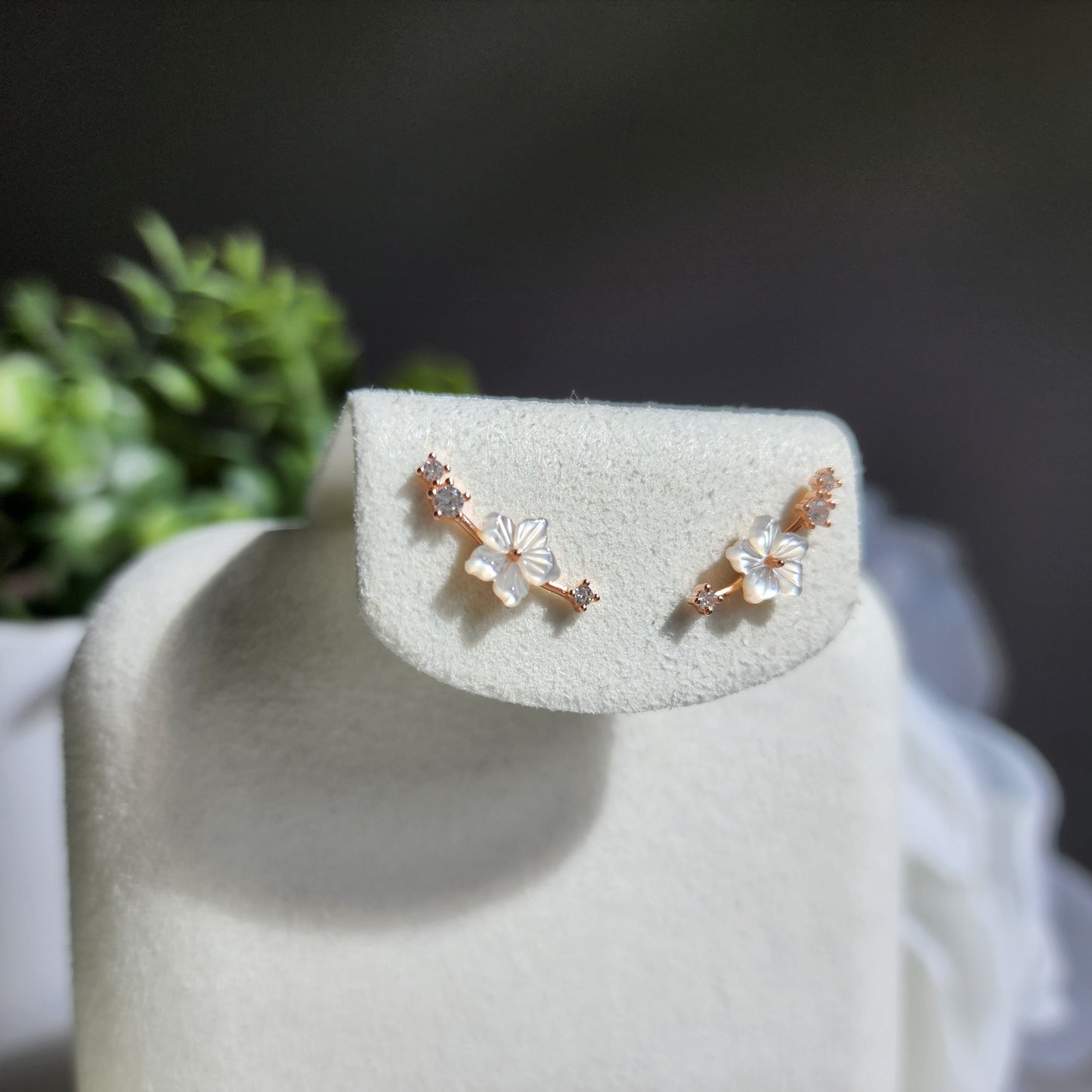 Rose gold vermeil White Sakura stud earrings, 925s Natural mother of pearl Sakura flower stud earrings, gift for her