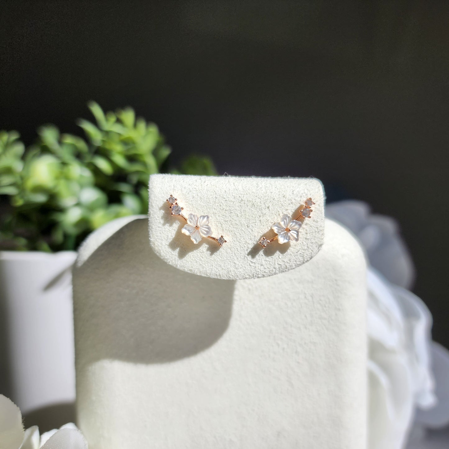 Rose gold vermeil White Sakura stud earrings, 925s Natural mother of pearl Sakura flower stud earrings, gift for her