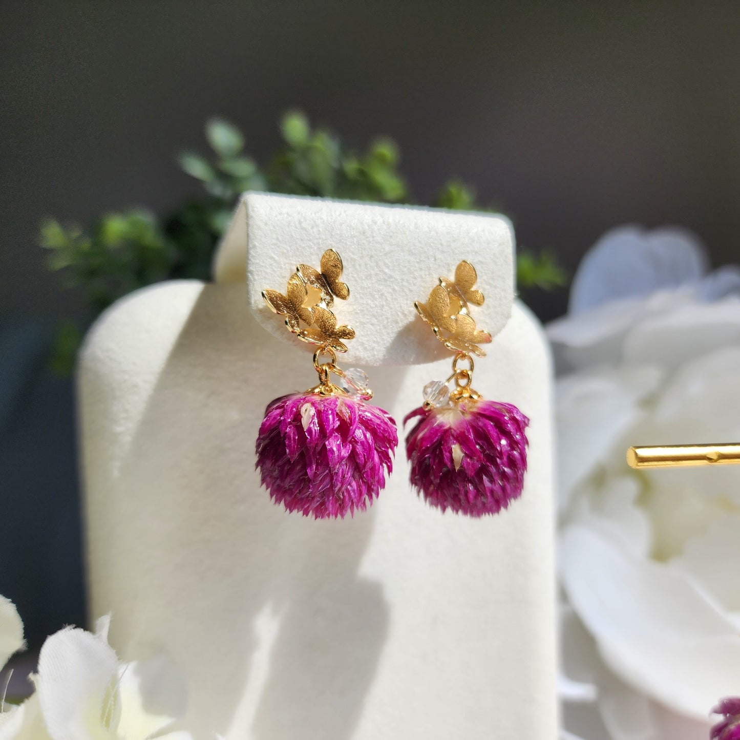 Thousand Day Red flower earrings, Botanical earrings, Real globe Amaranth flower earrings, gift for her