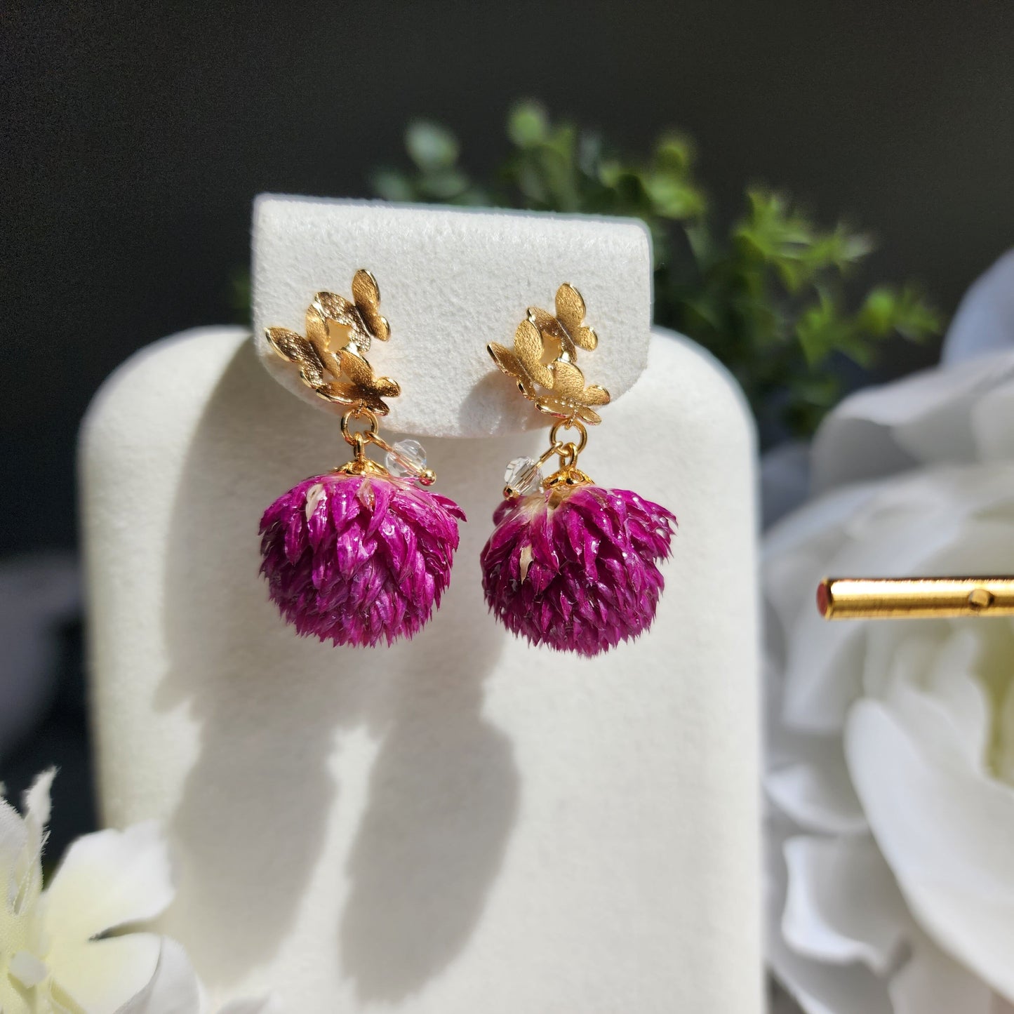 Thousand Day Red flower earrings, Botanical earrings, Real globe Amaranth flower earrings, gift for her