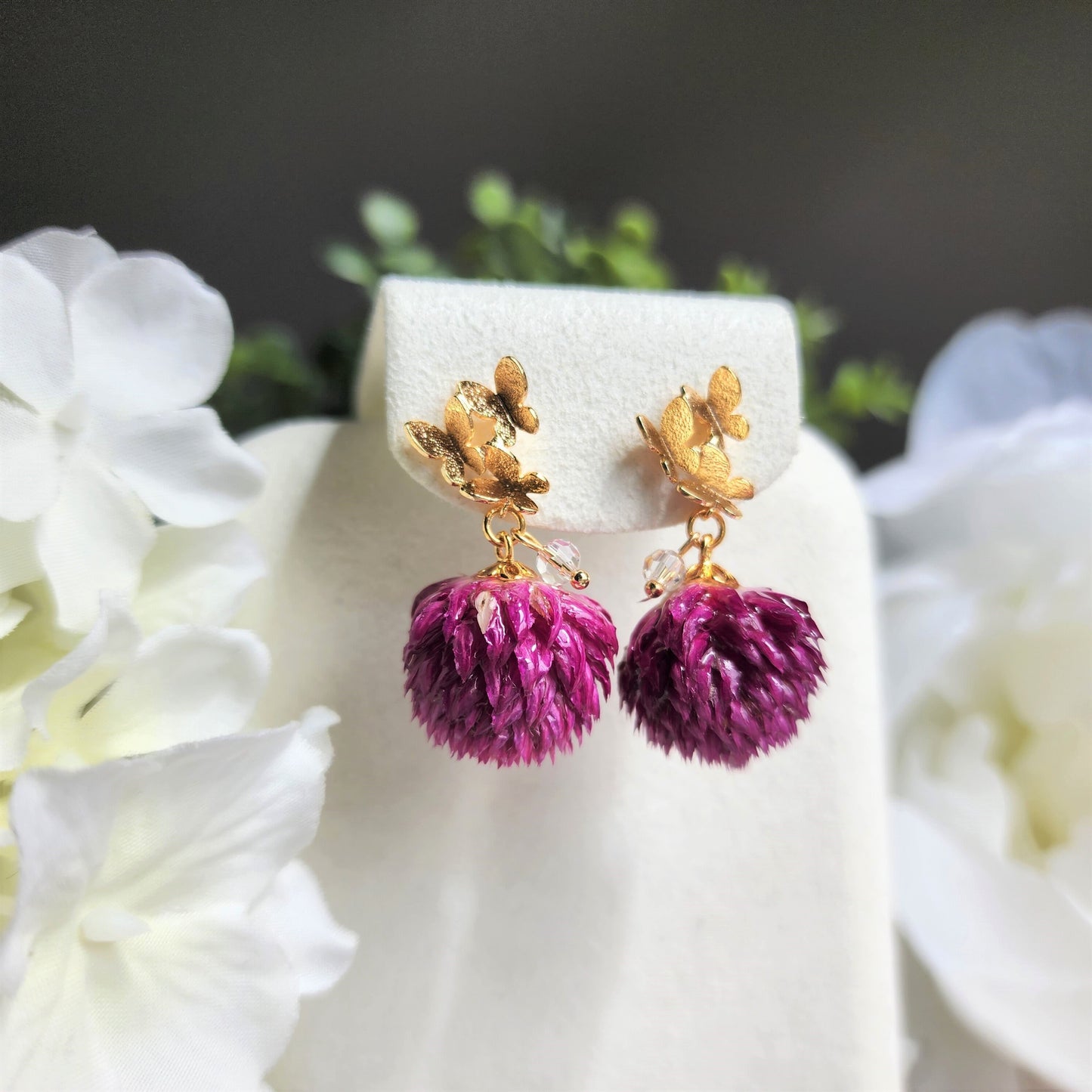 Thousand Day Red flower earrings, Botanical earrings, Real globe Amaranth flower earrings, gift for her