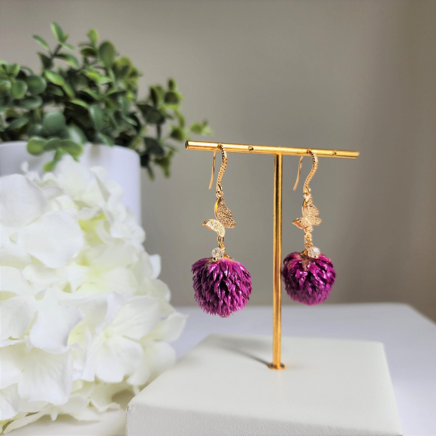 Thousand Day Red flower earrings, Botanical earrings, Real globe Amaranth flower earrings, gift for her
