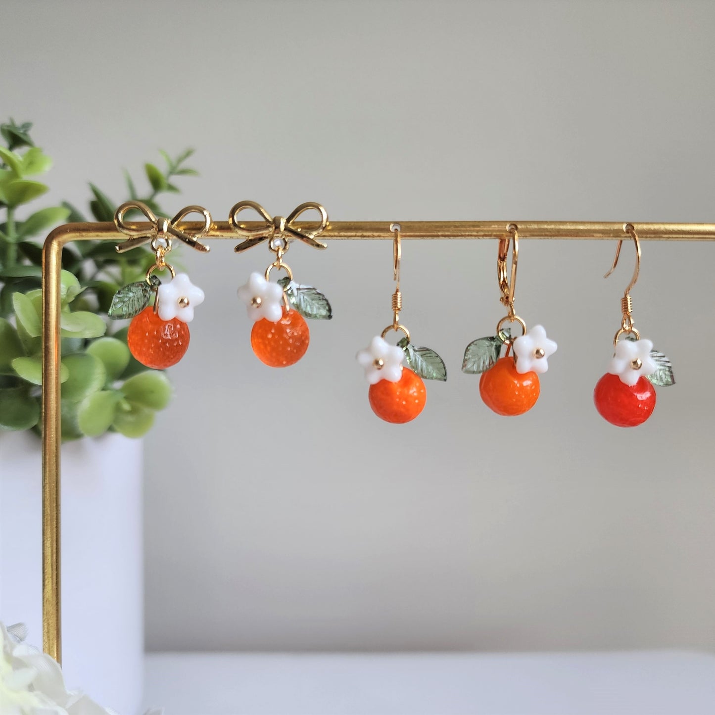 Orange earrings, Czech glass orange earrings, fruit dangle earrings
