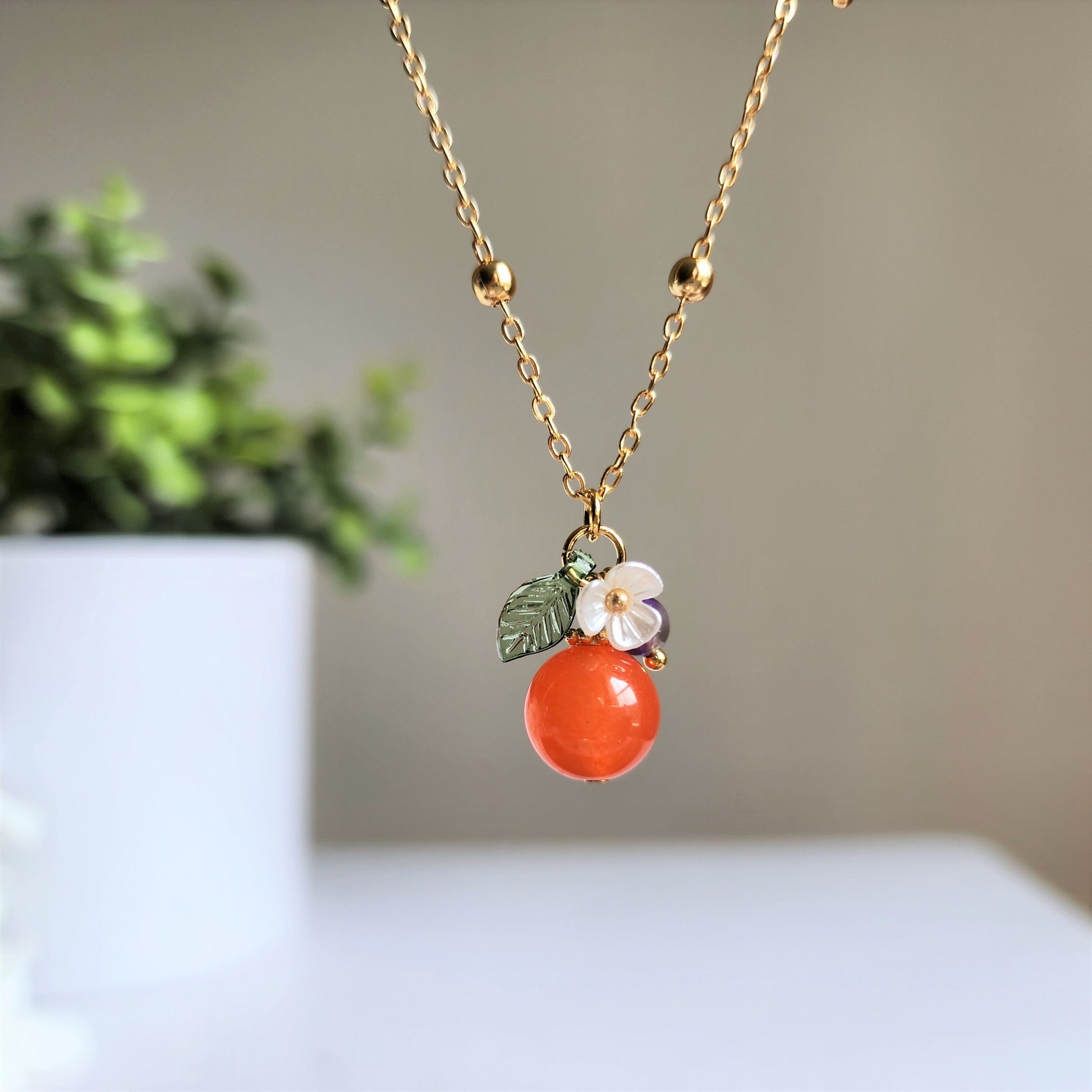 Jade orange necklace, yellow jade necklace, fruit necklace, food necklace, yellow jade and purple amethyst, gift for her