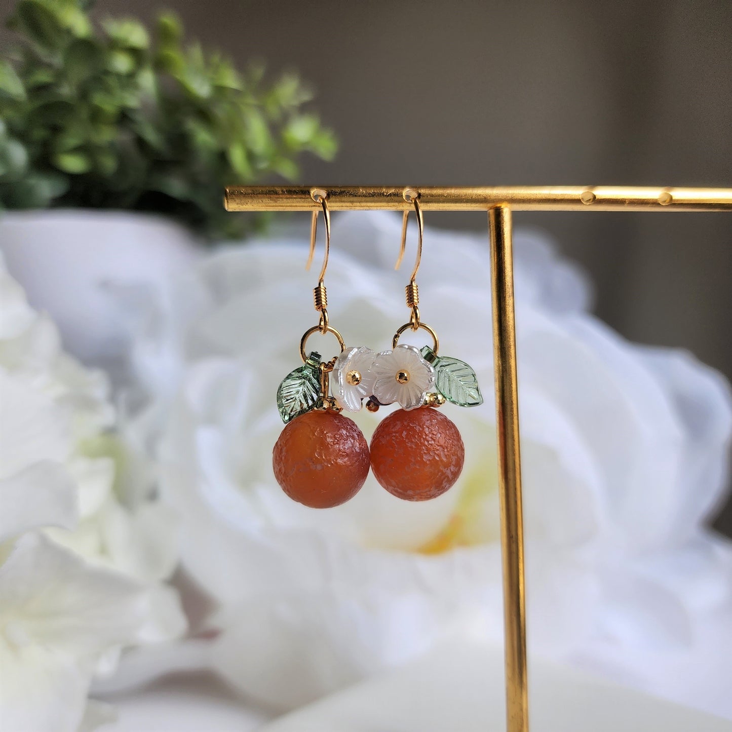 Old orange dangle earrings, natural Agate orange earrings, Fruit earrings, Gift for her