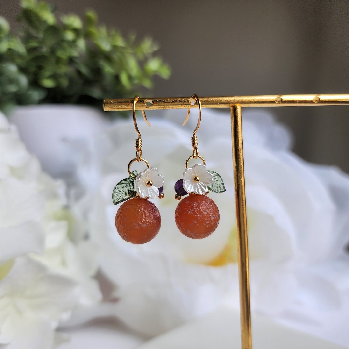 Old orange dangle earrings, natural Agate orange earrings, Fruit earrings, Gift for her