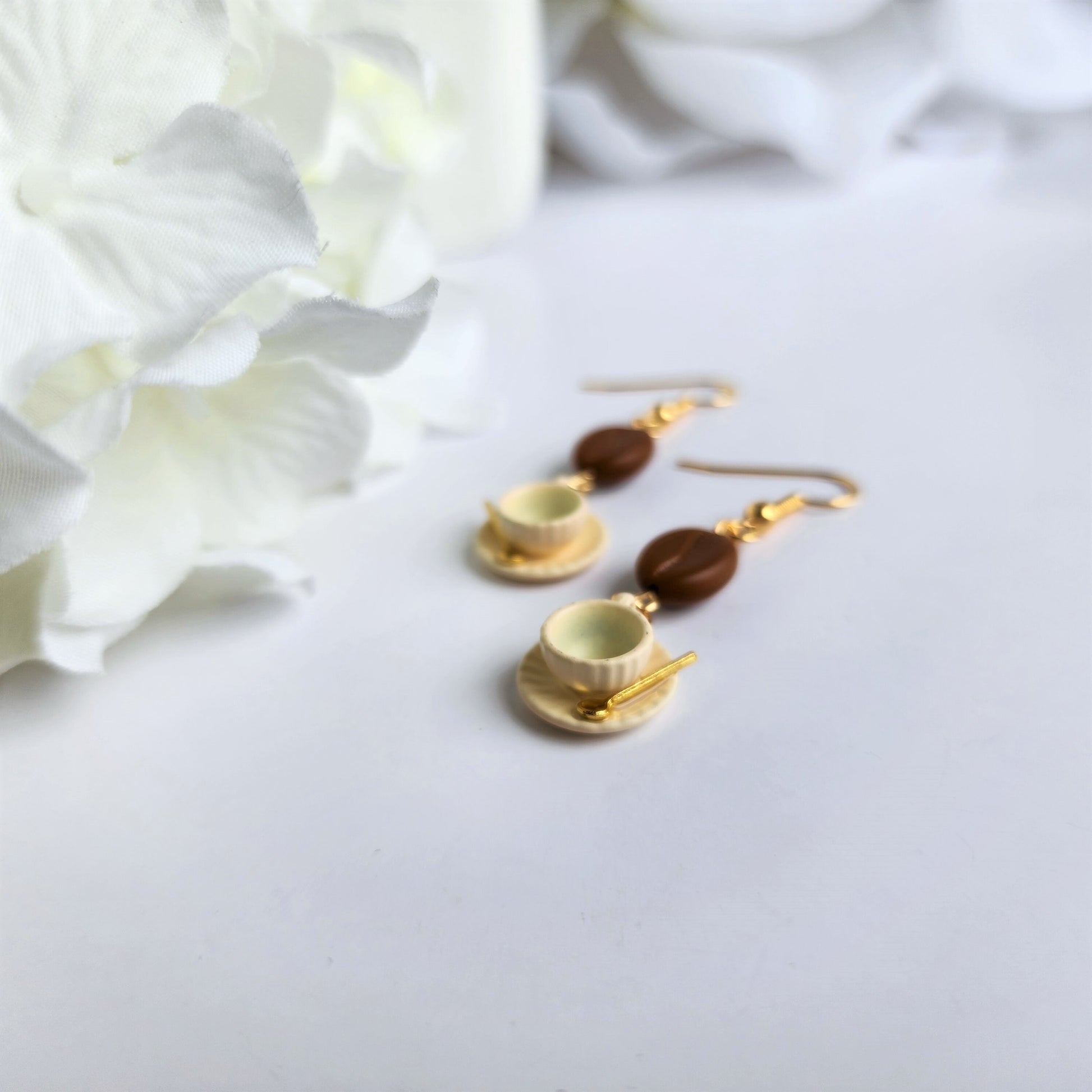 Ceramic coffee cup with saucer earrings, Coffee beans dangle earrings, gift for her