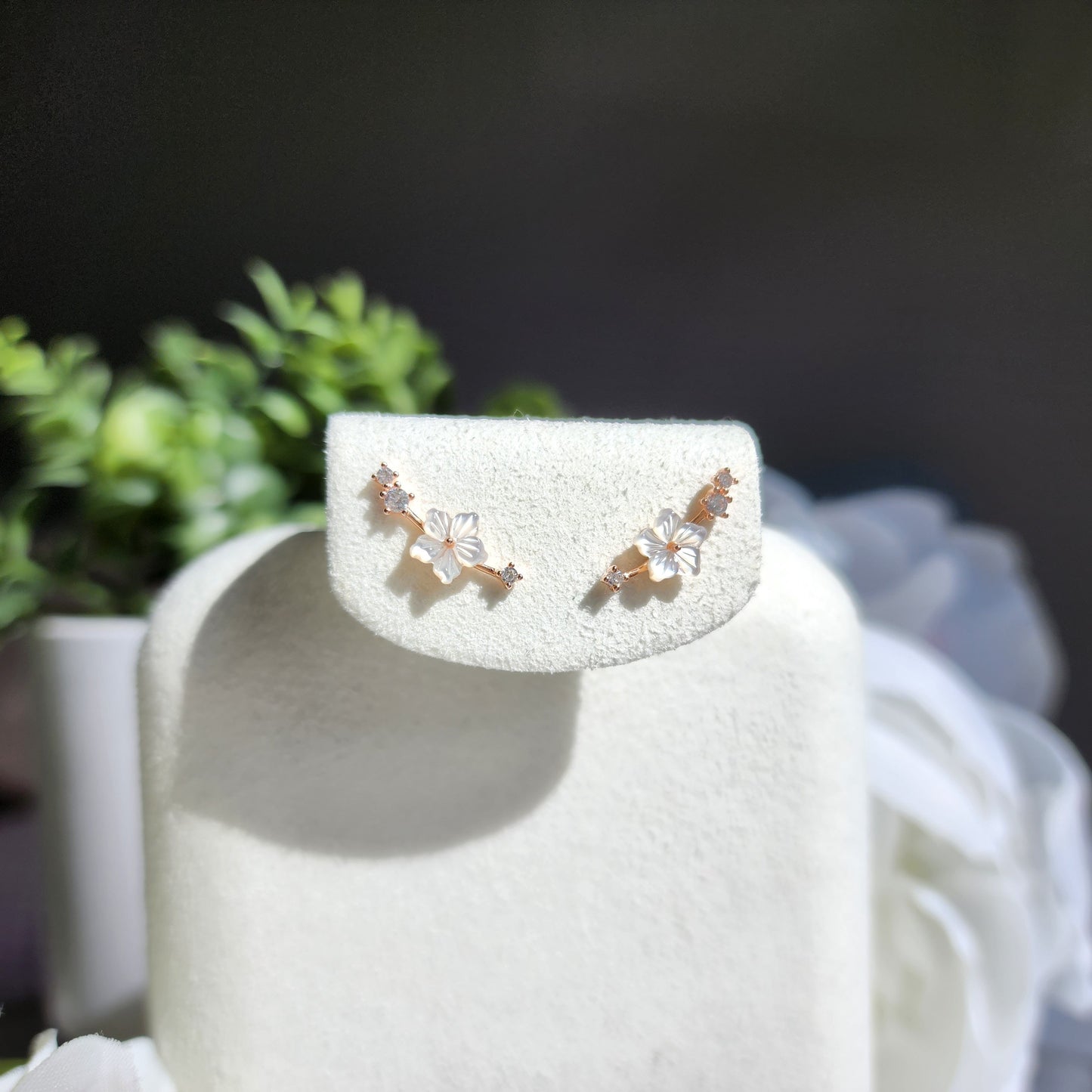 Rose gold vermeil White Sakura stud earrings, 925s Natural mother of pearl Sakura flower stud earrings, gift for her