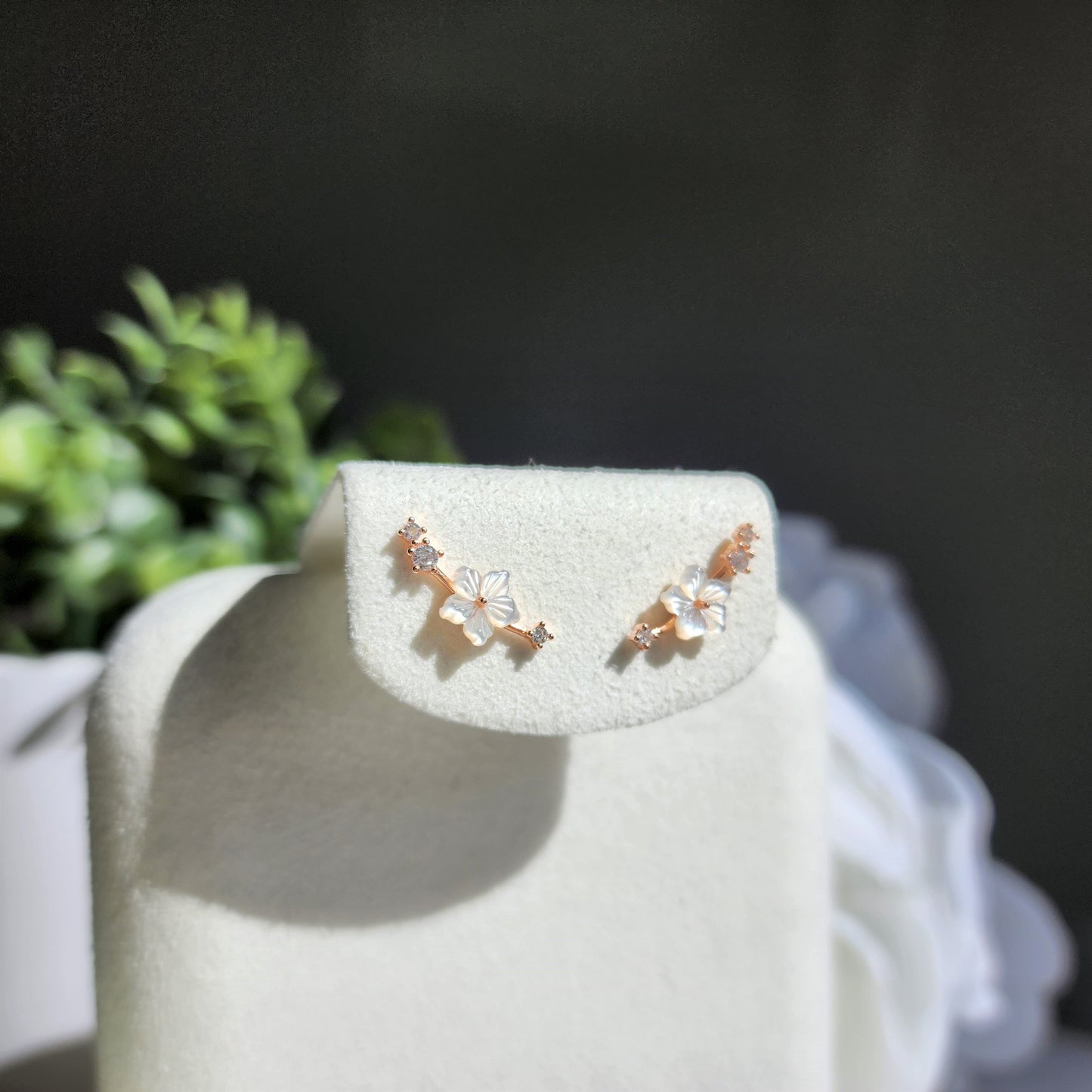Rose gold vermeil White Sakura stud earrings, 925s Natural mother of pearl Sakura flower stud earrings, gift for her