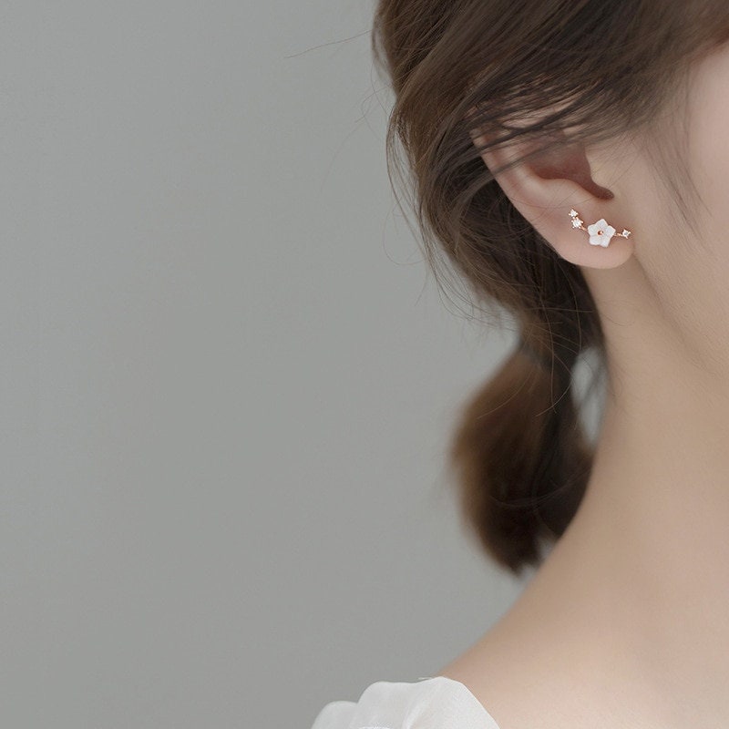 Rose gold vermeil White Sakura stud earrings, 925s Natural mother of pearl Sakura flower stud earrings, gift for her