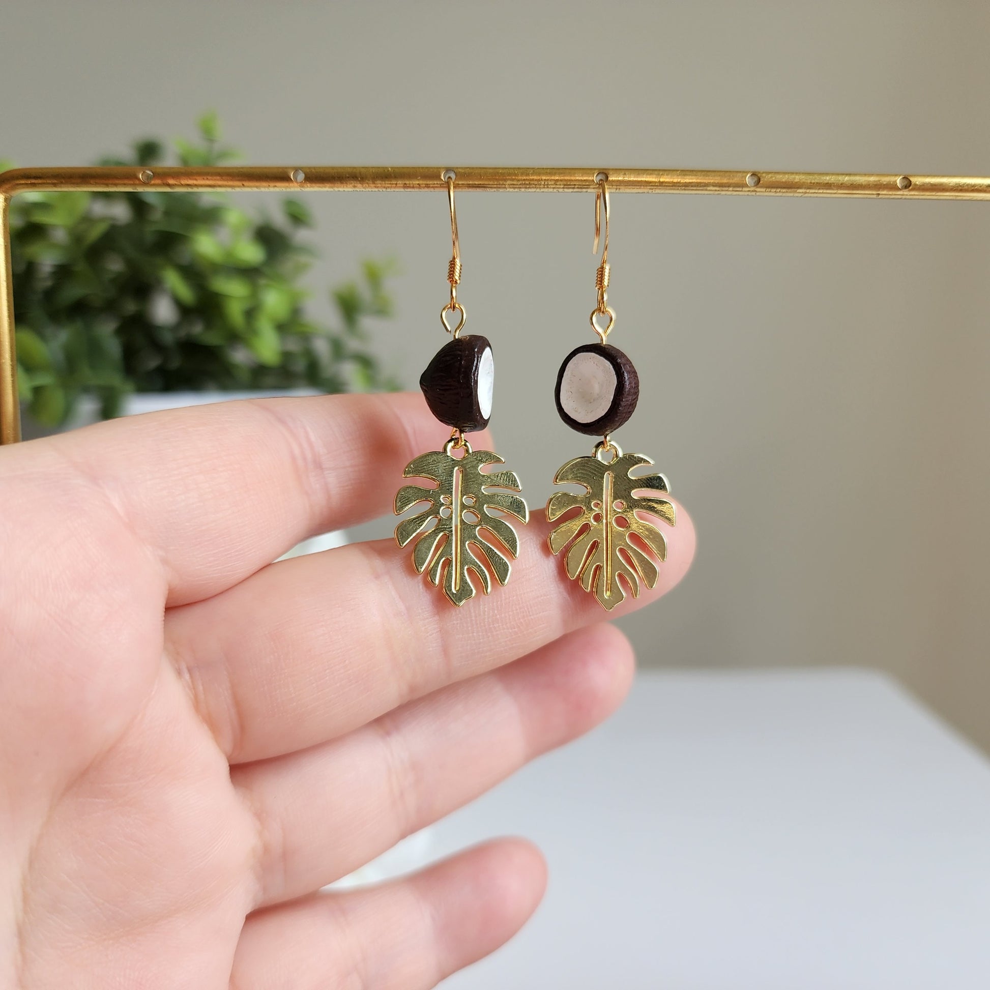 Coconut earrings, Hand painted ceramic coconut dangle earrings, Fruit earrings, Food earrings