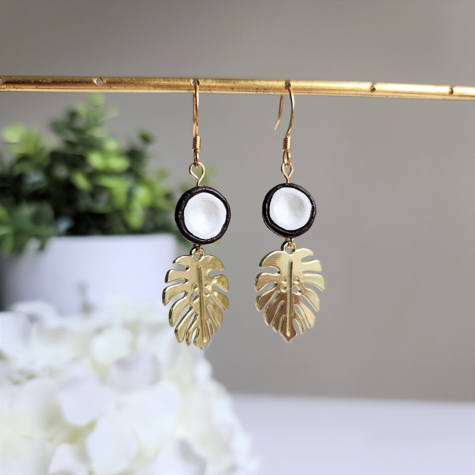 Coconut earrings, Hand painted ceramic coconut dangle earrings, Fruit earrings, Food earrings