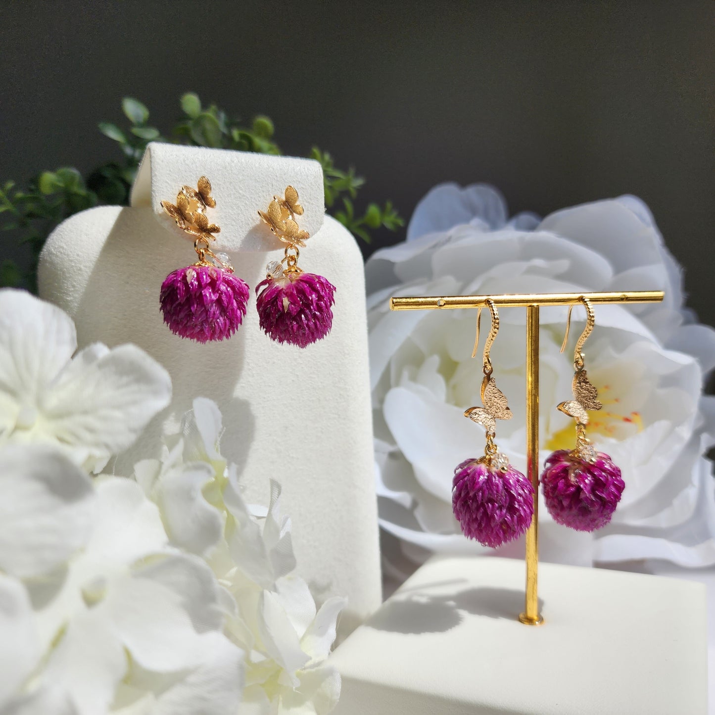 Thousand Day Red flower earrings, Botanical earrings, Real globe Amaranth flower earrings, gift for her