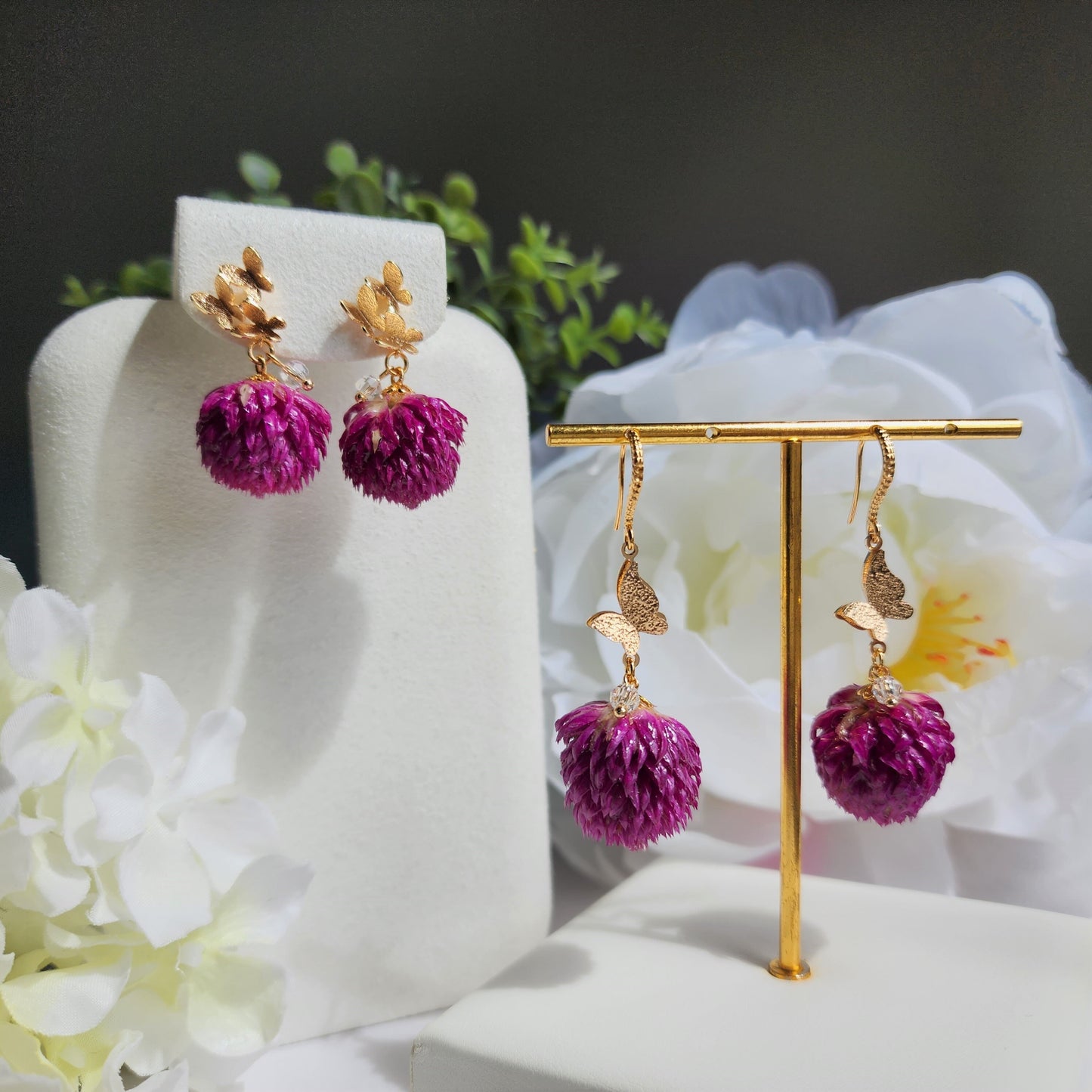 Thousand Day Red flower earrings, Botanical earrings, Real globe Amaranth flower earrings, gift for her