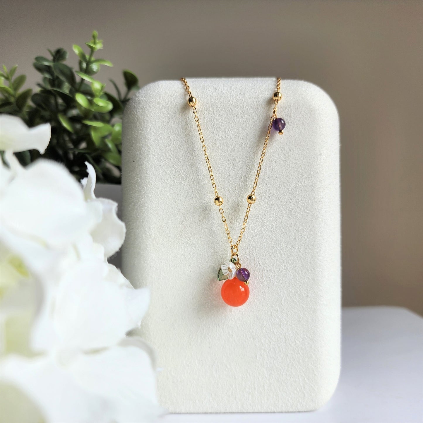 Jade orange necklace, yellow jade necklace, fruit necklace, food necklace, yellow jade and purple amethyst, gift for her