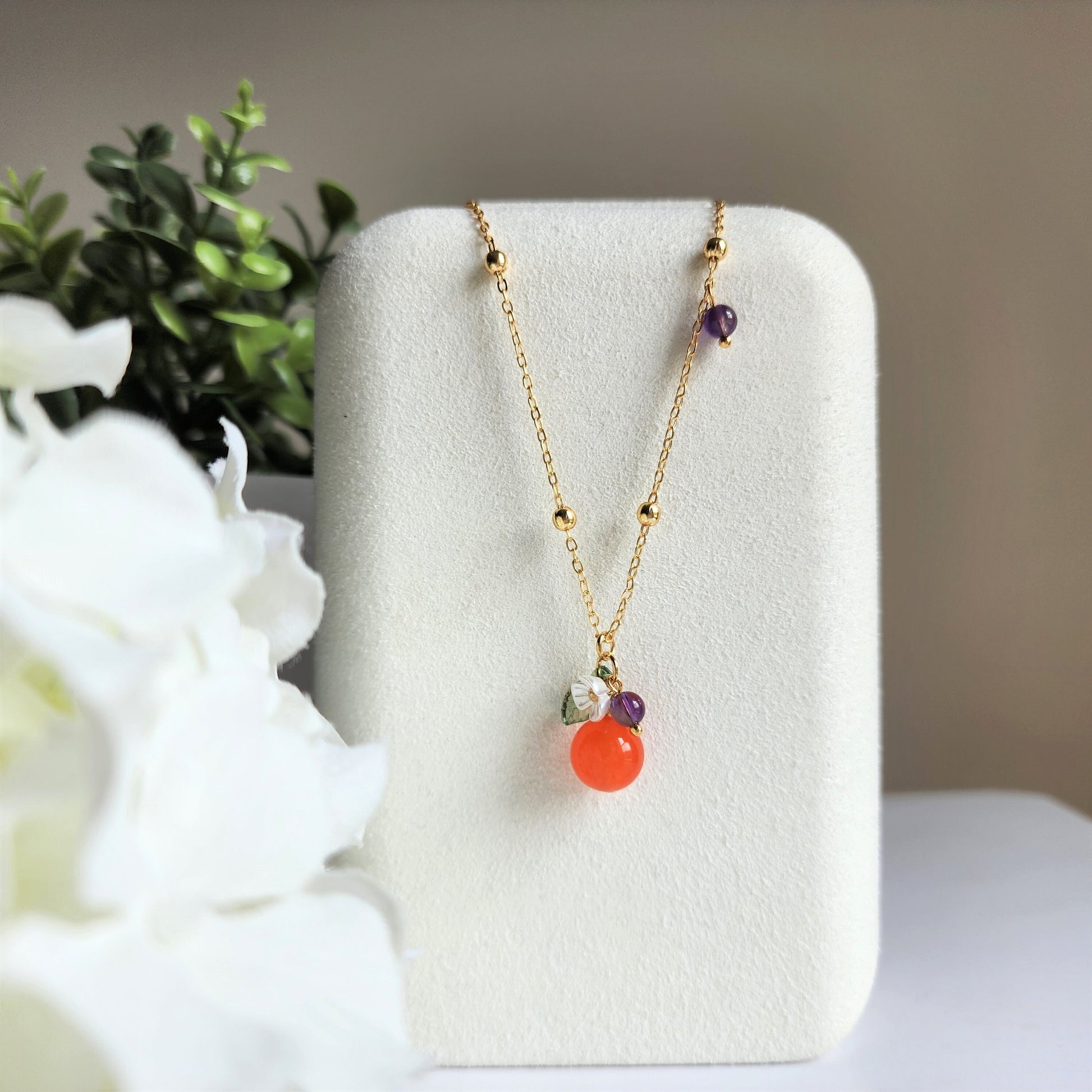 Jade orange necklace, yellow jade necklace, fruit necklace, food necklace, yellow jade and purple amethyst, gift for her