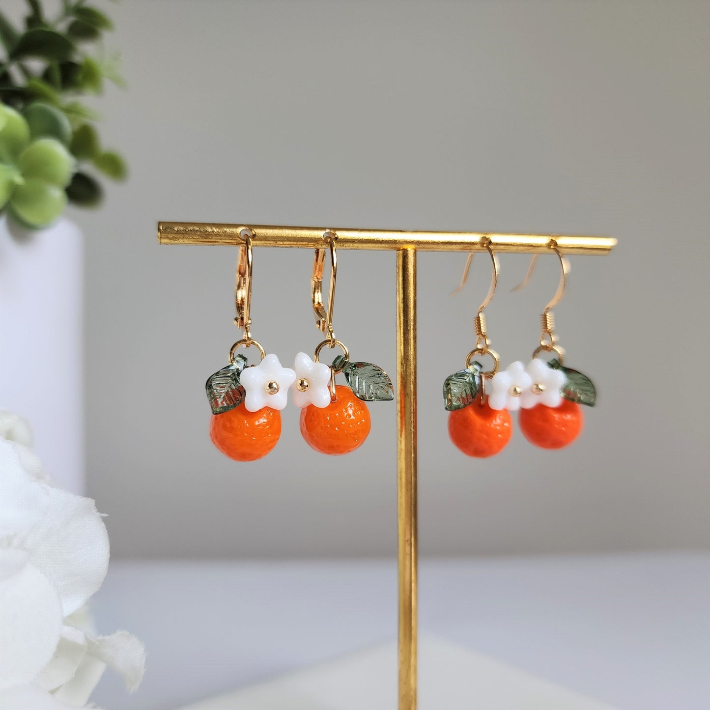Orange earrings, Czech glass orange earrings, fruit dangle earrings