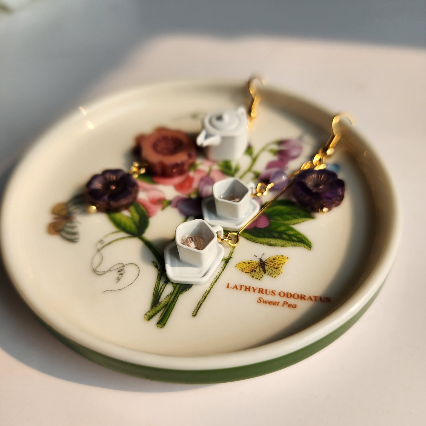 Hibiscus flower tea set earrings, Hibiscus flower dangle earrings, floral tea food earrings, Limited edition